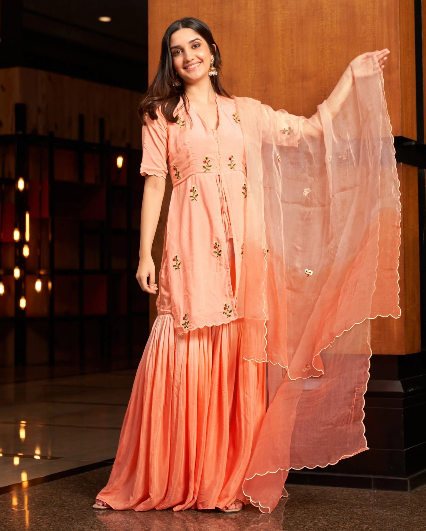 Heather Peach Embroidered Muslin Silk Sharara Set My Store