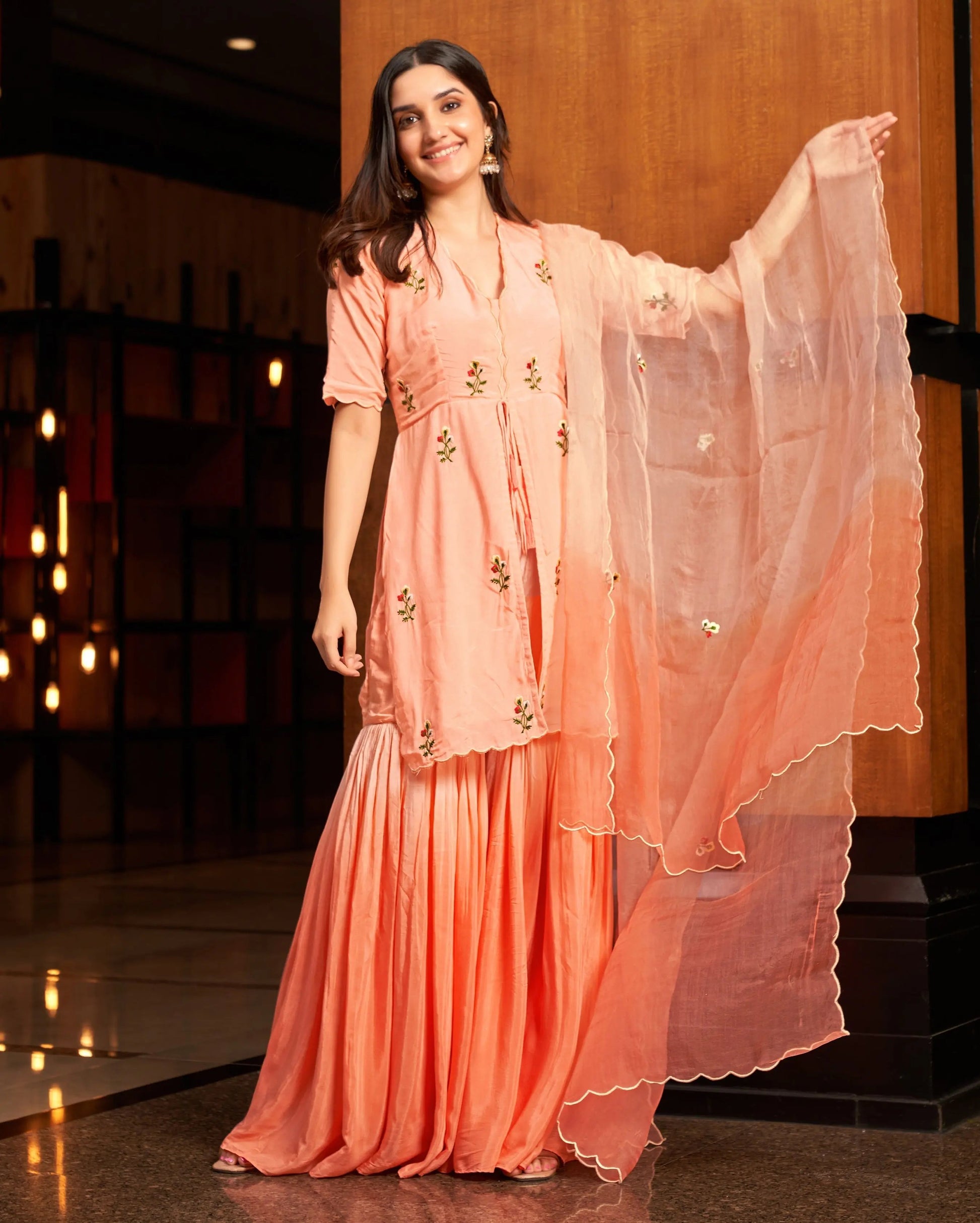 Heather Peach Embroidered Muslin Silk Sharara Set My Store