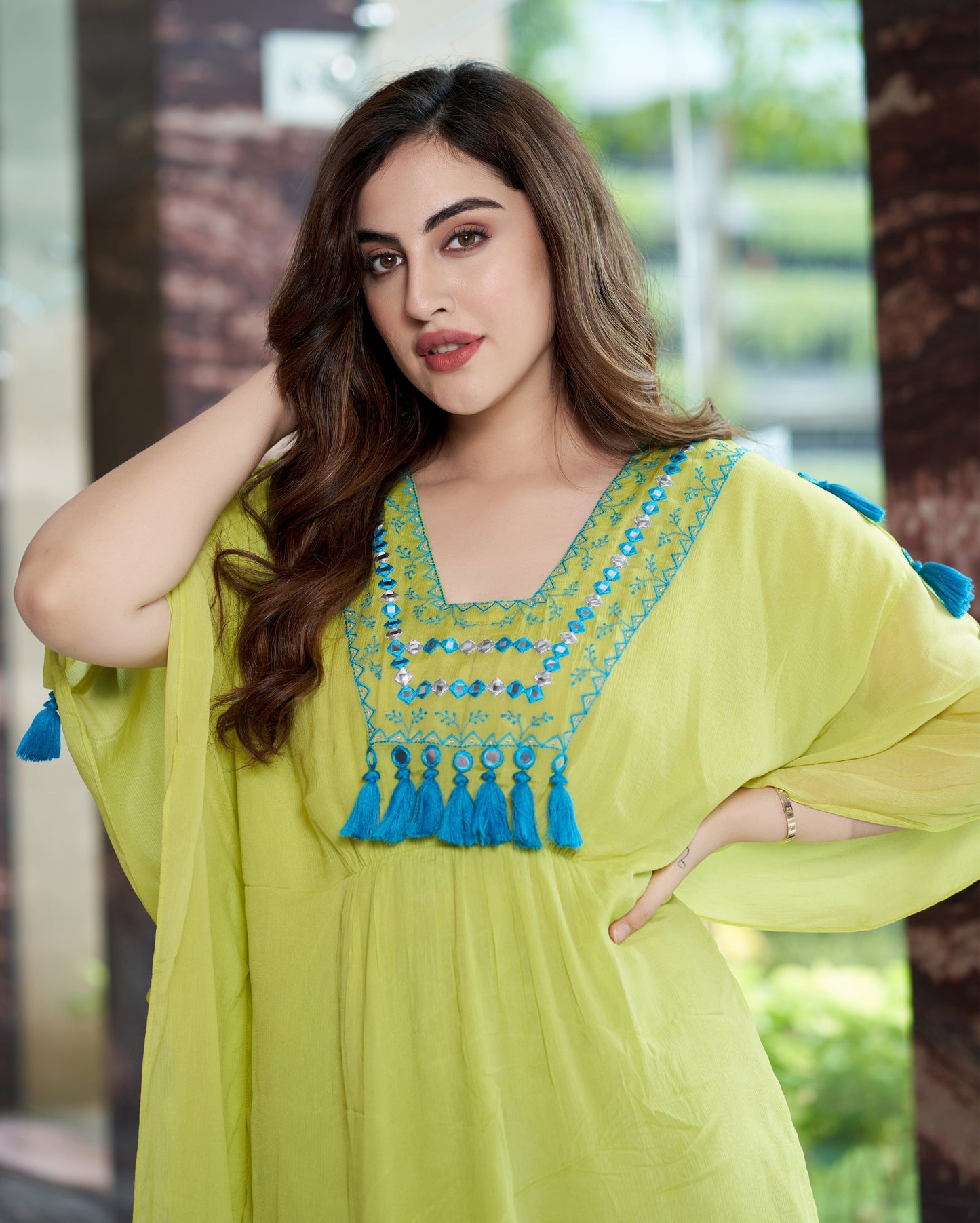 Meera Neon Green Embroidered Chinon Kaftan Quick Cart