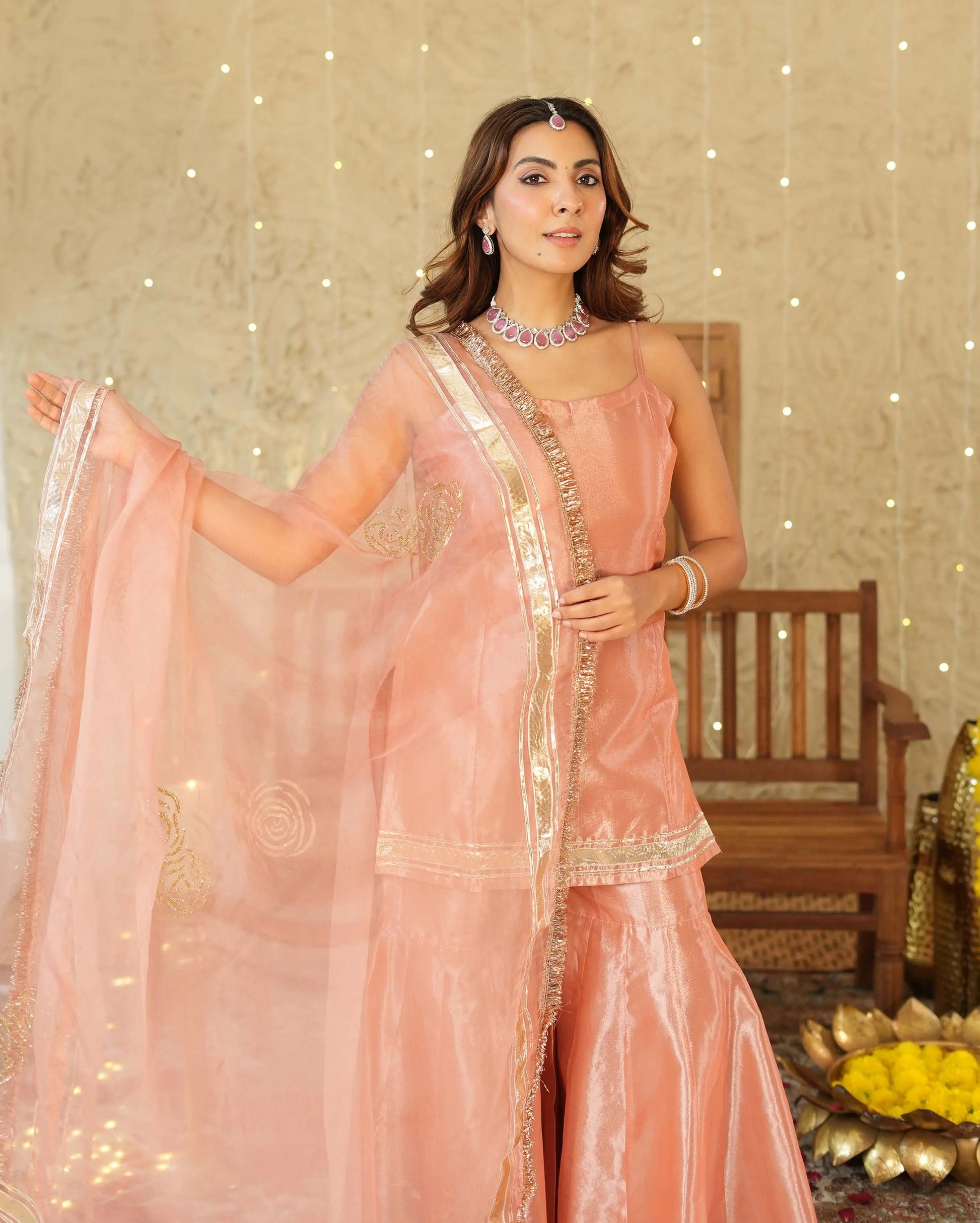 Deepanjali Peach Solid Tissue Sharara Set My Store