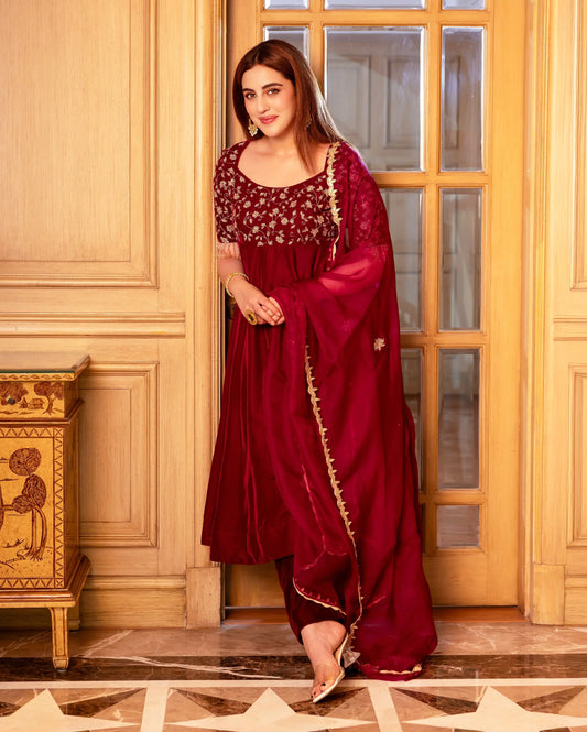 Nargi Wine Embroidered Velvet Suit Set My Store