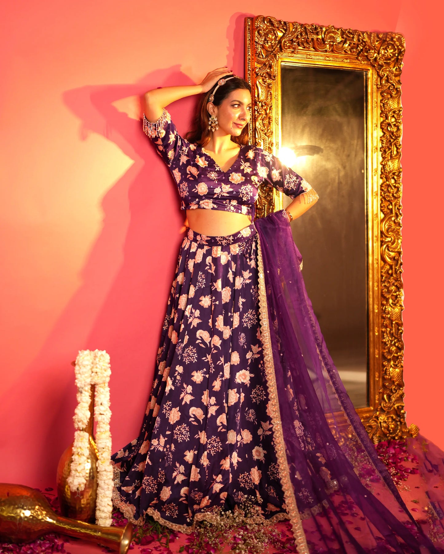 Nandani Purple Printed Satin Lehenga Set My Store