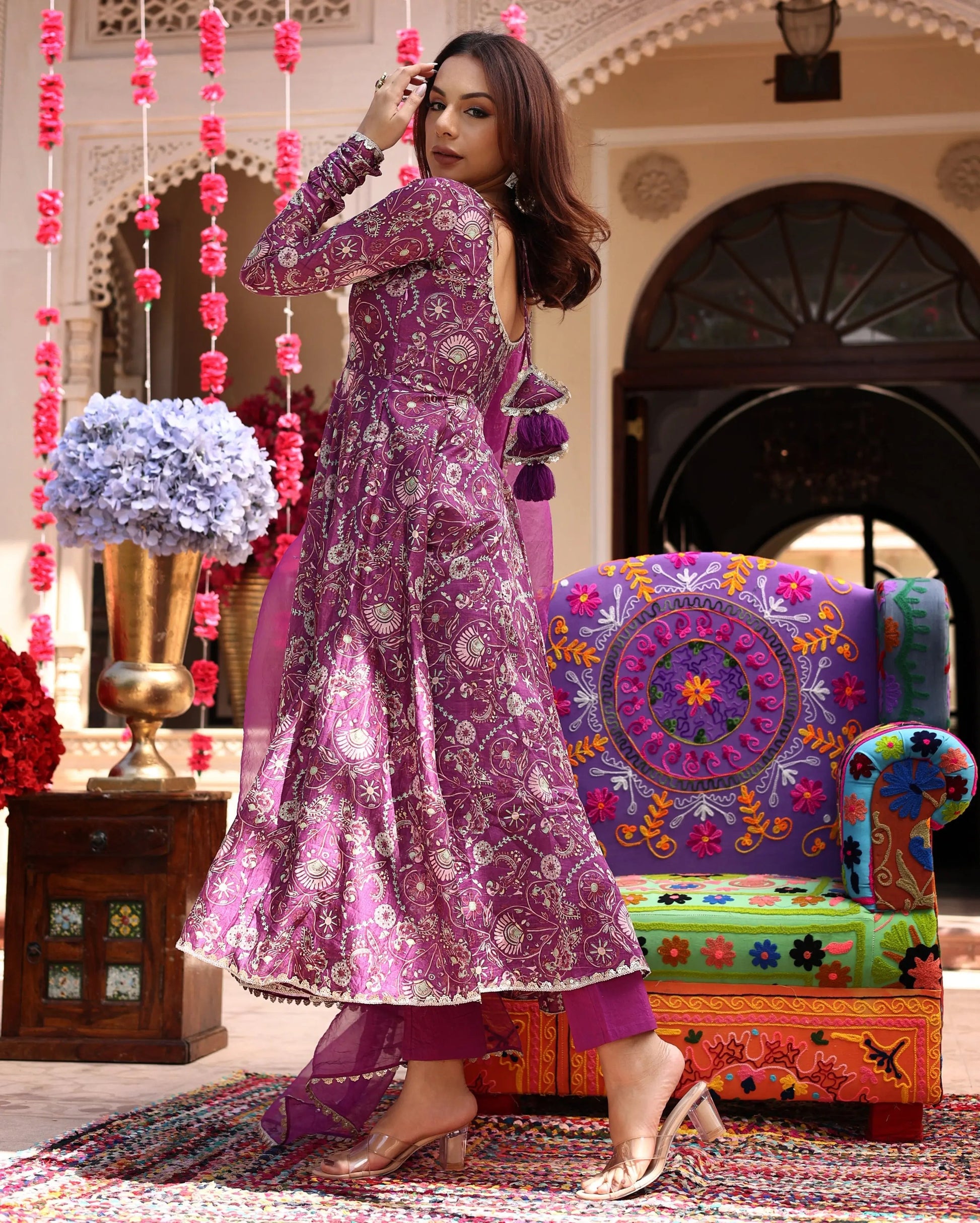 Floral Lavender Hues Printed Chanderi Suit Set My Store