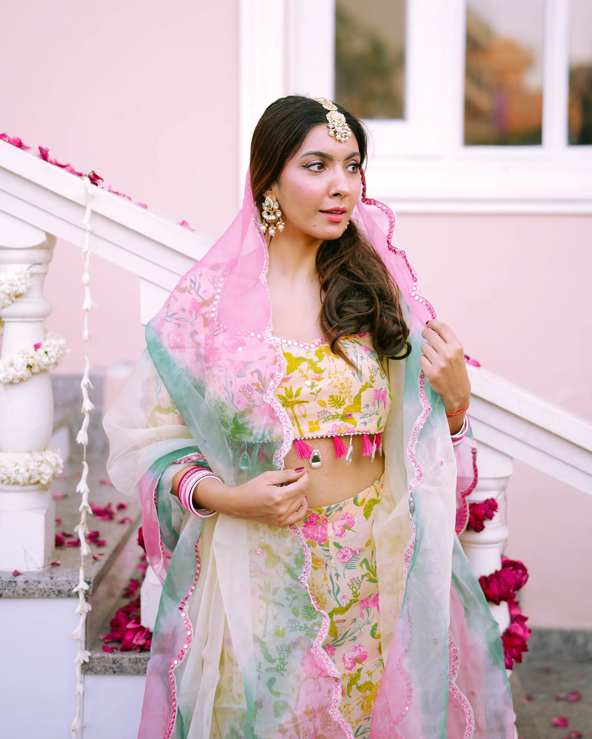 Vidari Cream Printed Organza Lehenga Set My Store