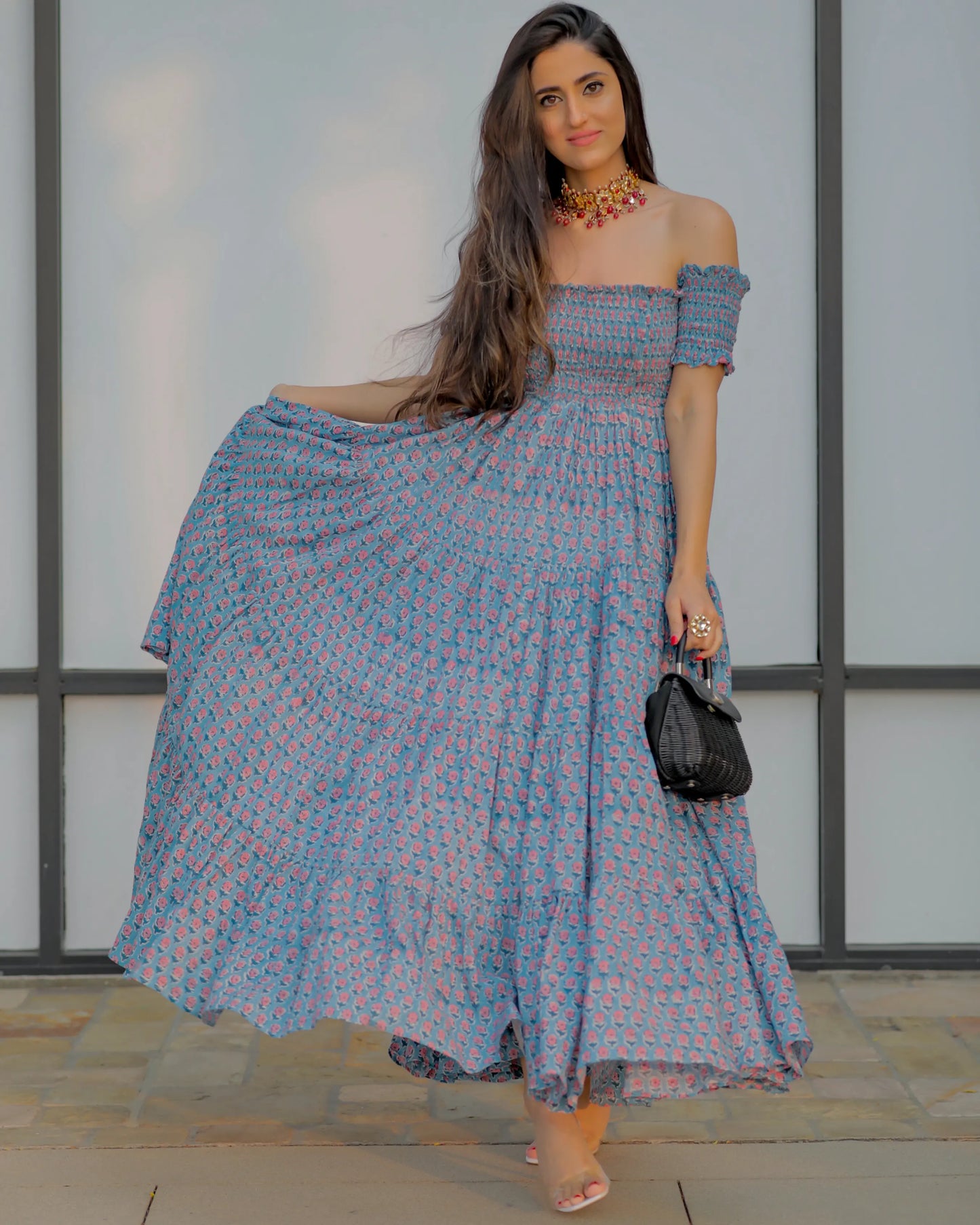 Iris Blue Smocked Cotton Dress My Store