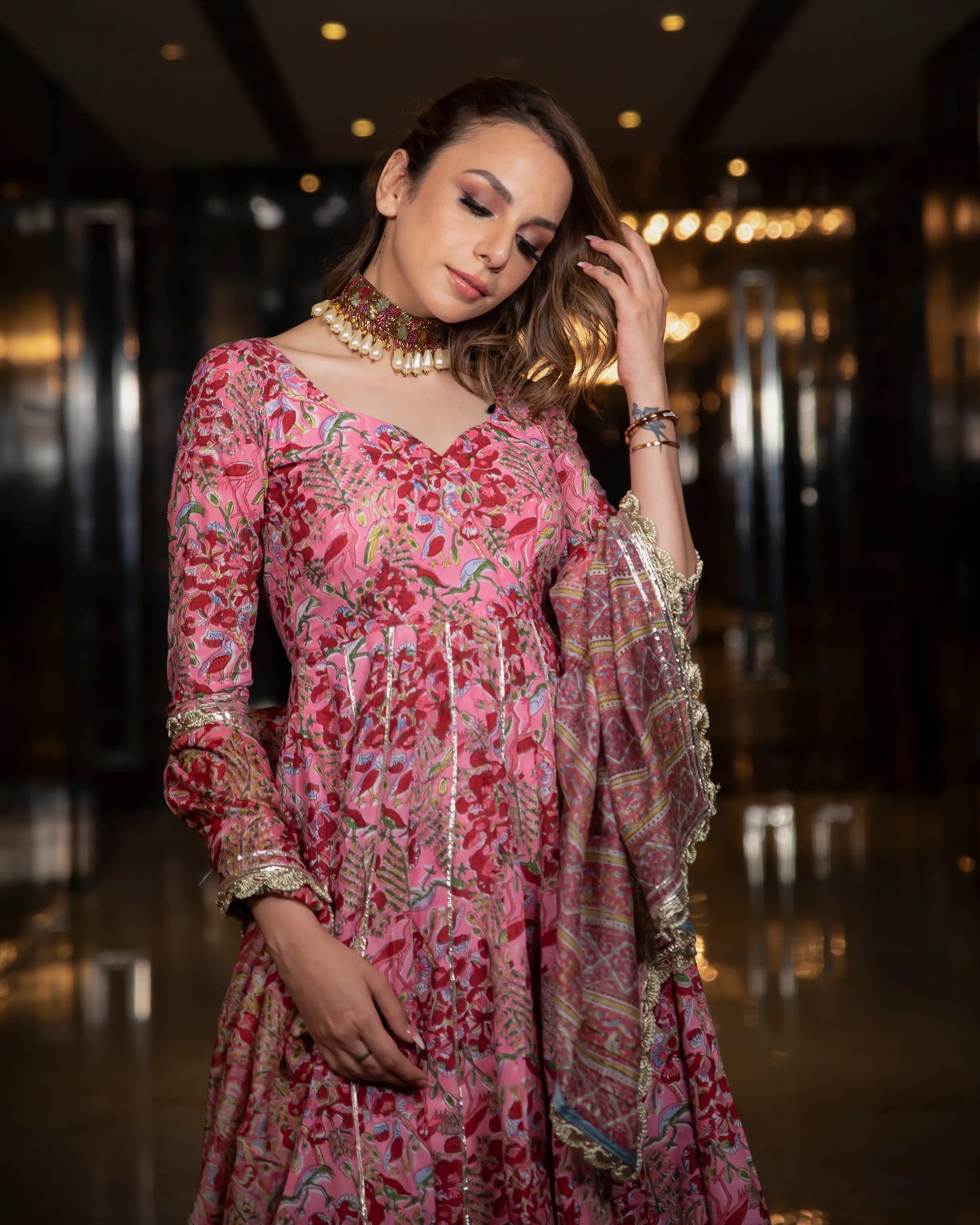 Poetic Bloom Handblock Gota Suit Set My Store