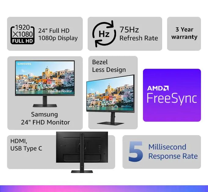 Samsung 24 inch Flat Monitor With USB type-C and Ergonomic Design (S24A400UJW) My Store