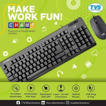 TVS Electronics Champ Executive Multimedia Combo USB Wired Keyboard and Mouse Set 10 Million+ keystrokes  Multimedia Functions Black