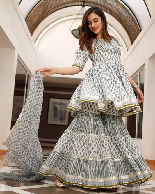 Blue Ciara Handblock Sharara Set My Store