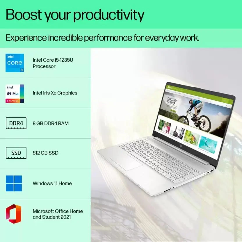 HP Laptop 15𝐬-Fy5002𝐓𝐔 12th Gen Intel Core i5 Processor/8GB Ram/512GB SSD/Win11/Microsoft Office Home & Student 2021/ Intel HD Graphic Card/ Screen Inch 15.6/Natural Silver