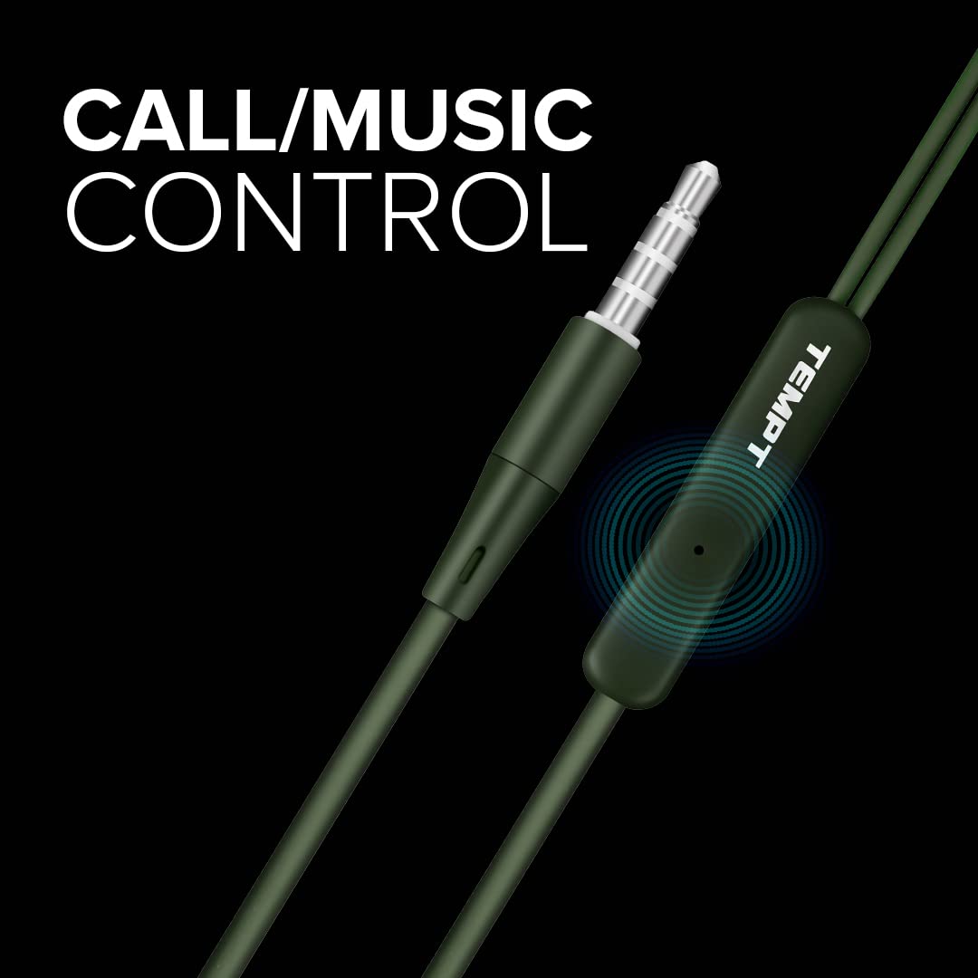 Tempt Zip X1 in Ear Wired Ear Phones with Mic 3.5mm Audio Jack Green