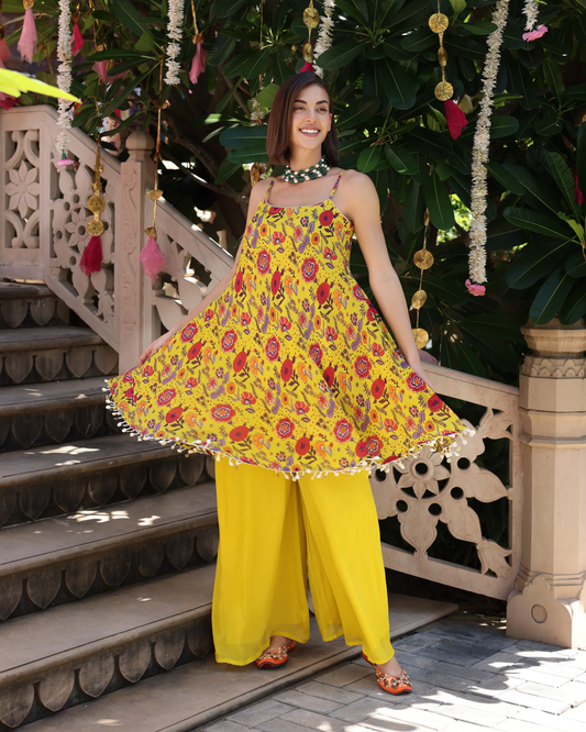 Sunflower Yellow Symphony Printed Chinon Coord Set My Store