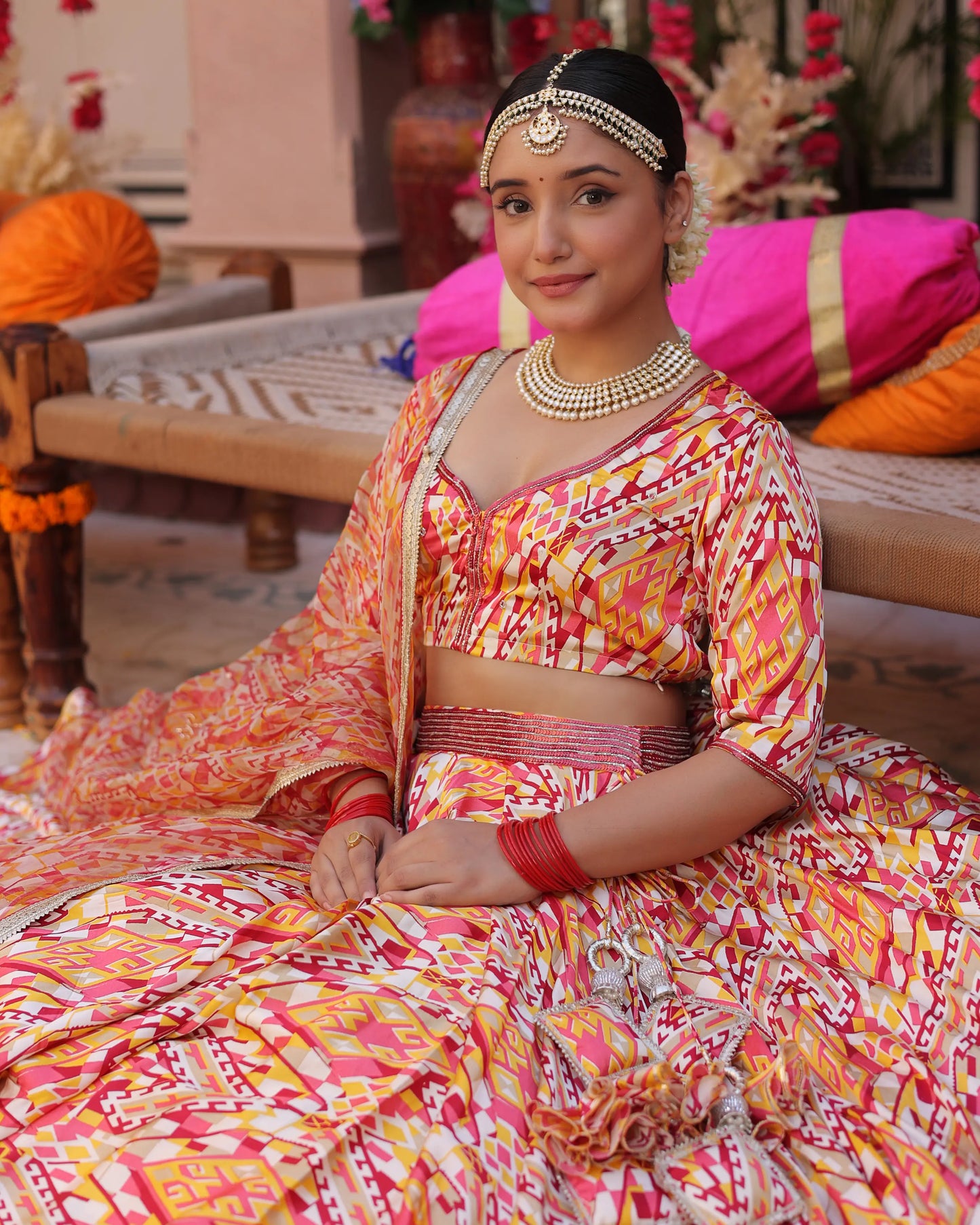 Creamy Crimson Blaze Printed Satin Lehenga Set My Store