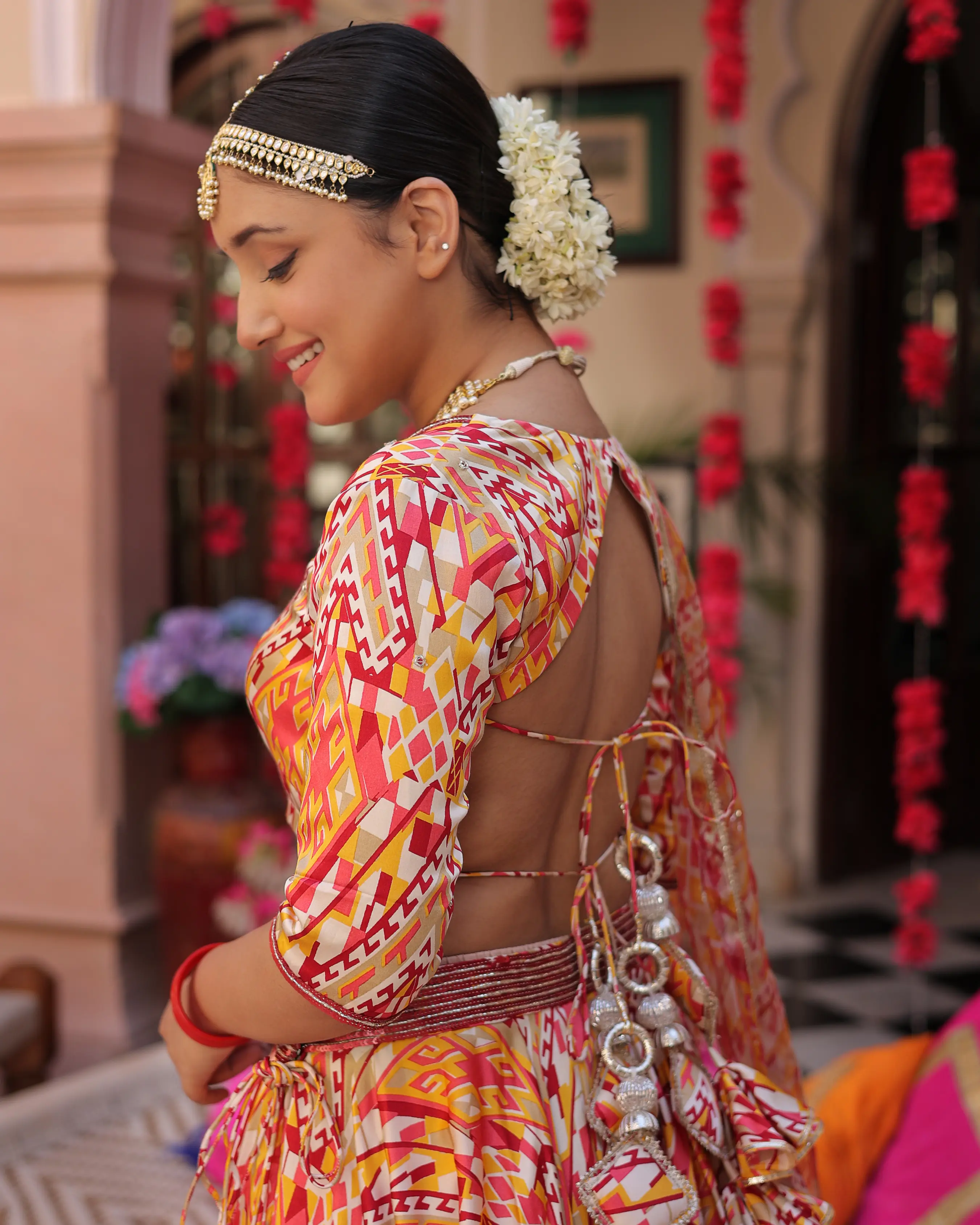 Creamy Crimson Blaze Printed Satin Lehenga Set My Store