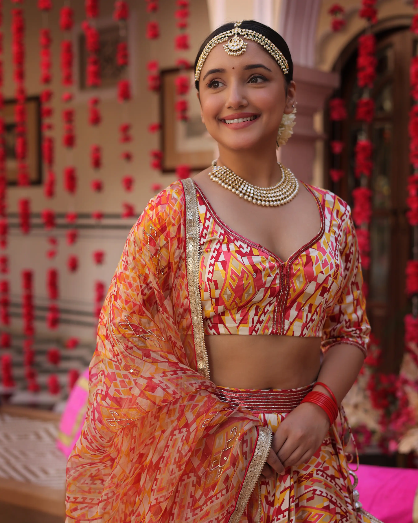 Creamy Crimson Blaze Printed Satin Lehenga Set My Store