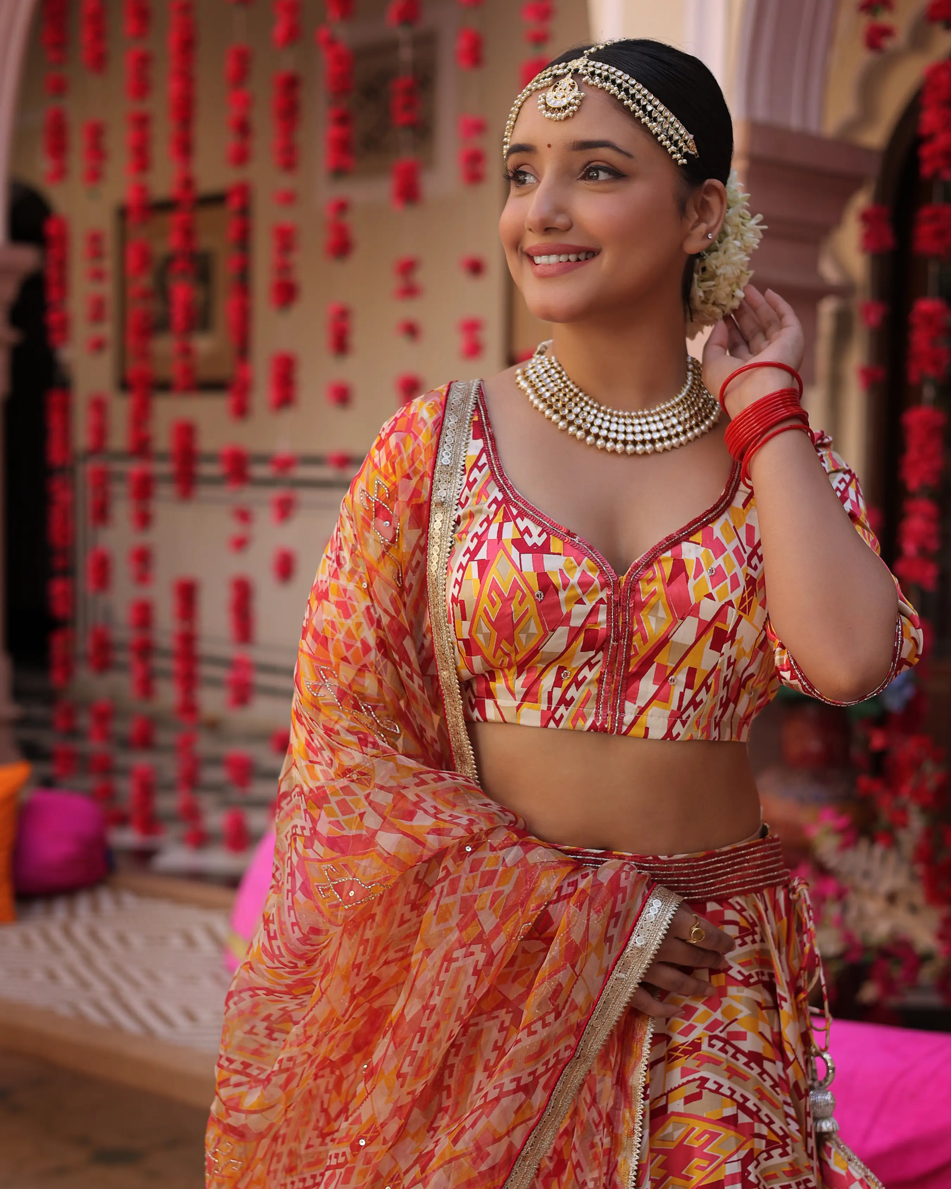 Creamy Crimson Blaze Printed Satin Lehenga Set My Store