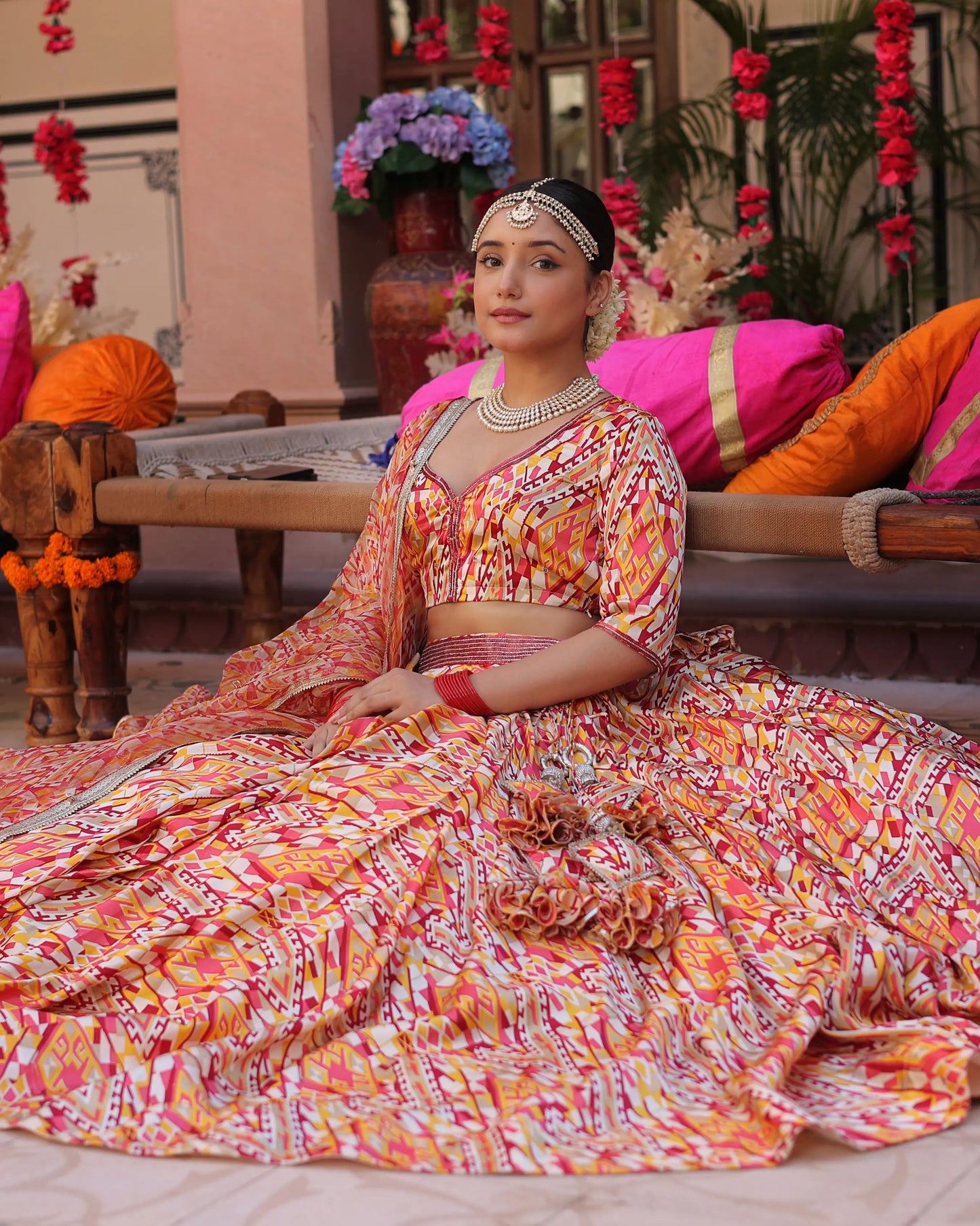 Creamy Crimson Blaze Printed Satin Lehenga Set My Store