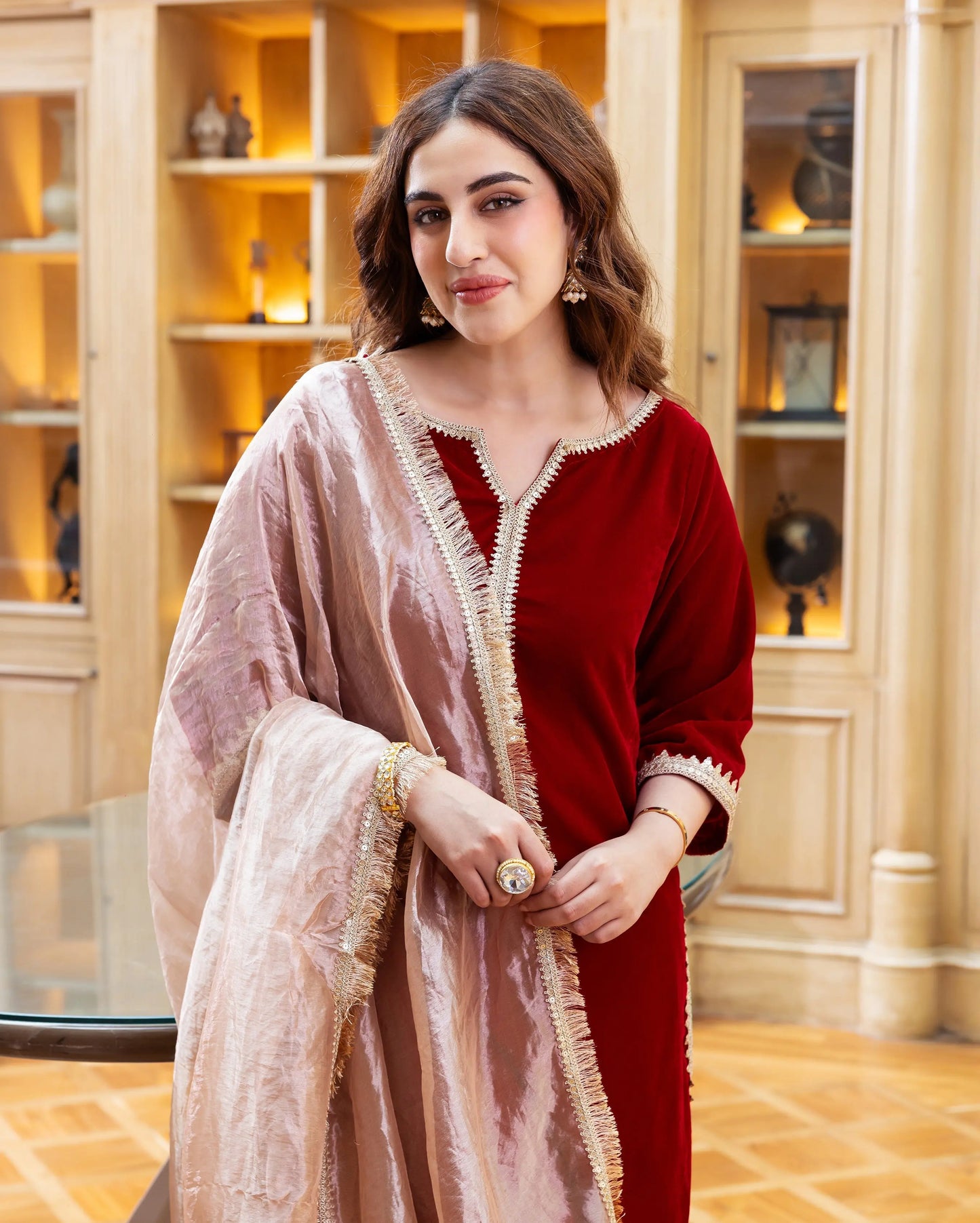 Raha Red Solid Velvet Suit Set My Store