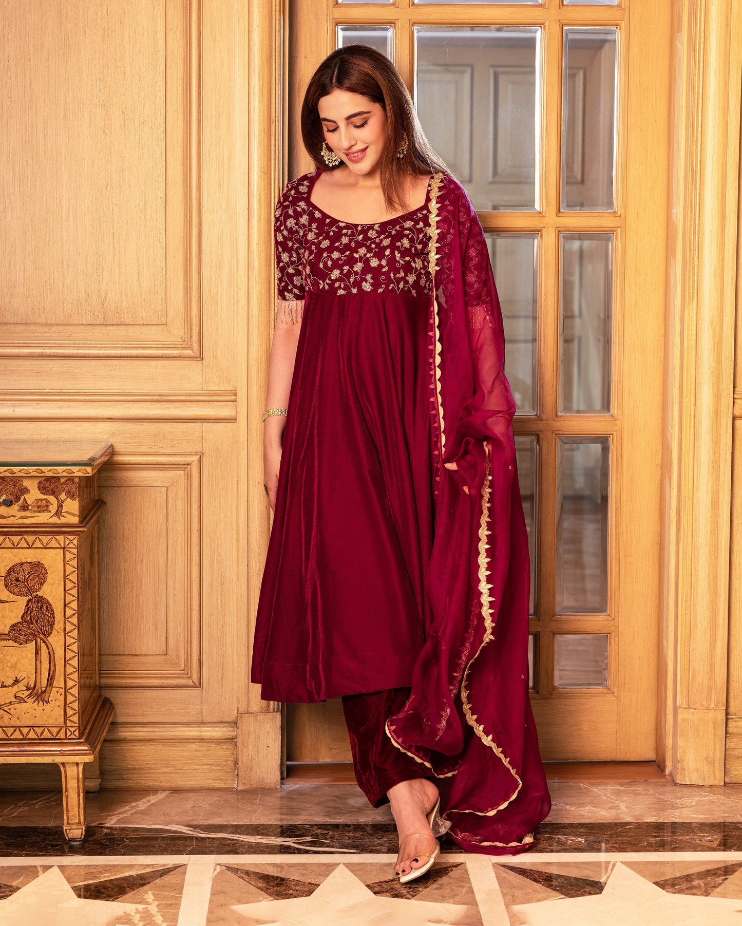 Nargi Wine Embroidered Velvet Suit Set My Store