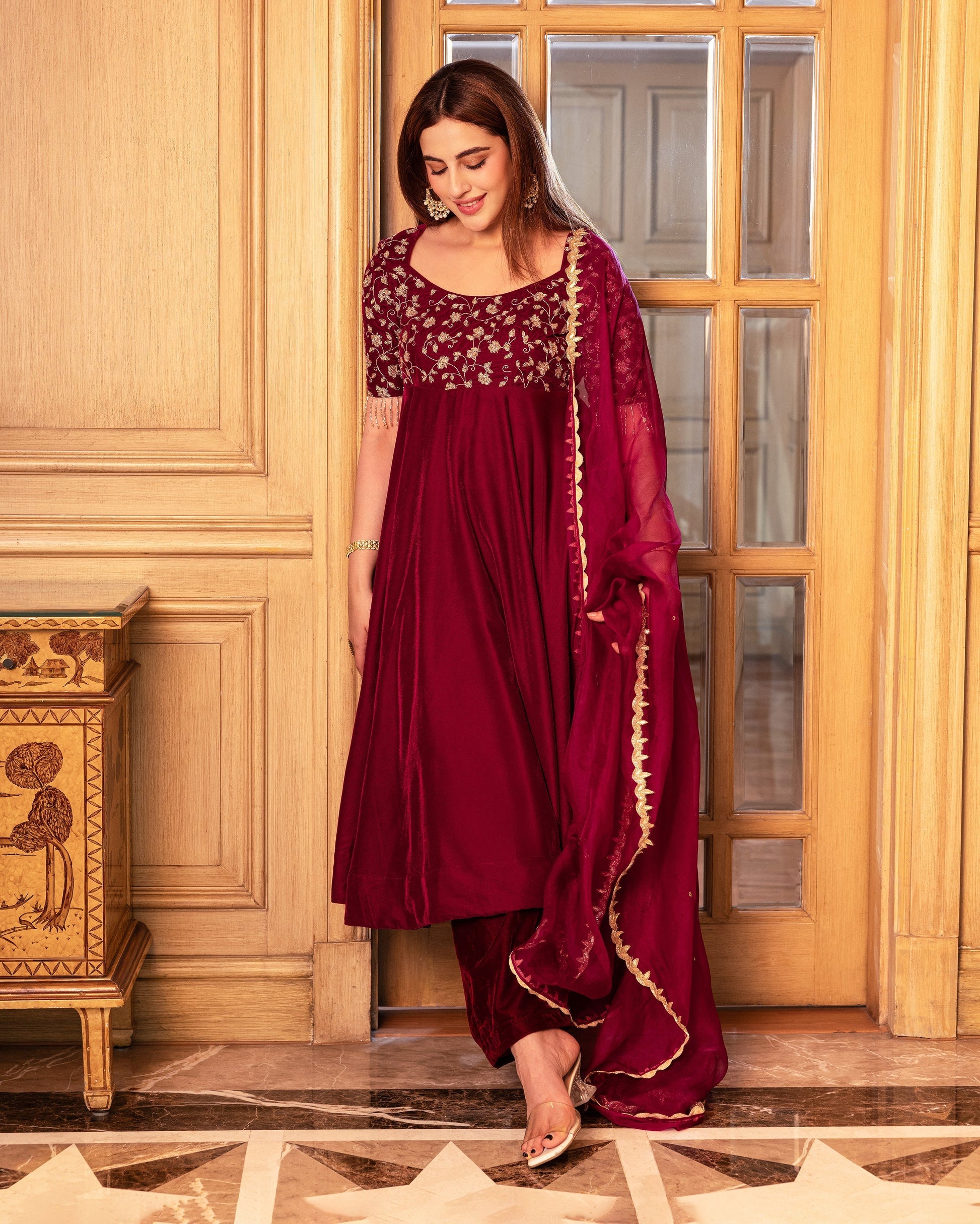 Nargi Wine Embroidered Velvet Suit Set My Store