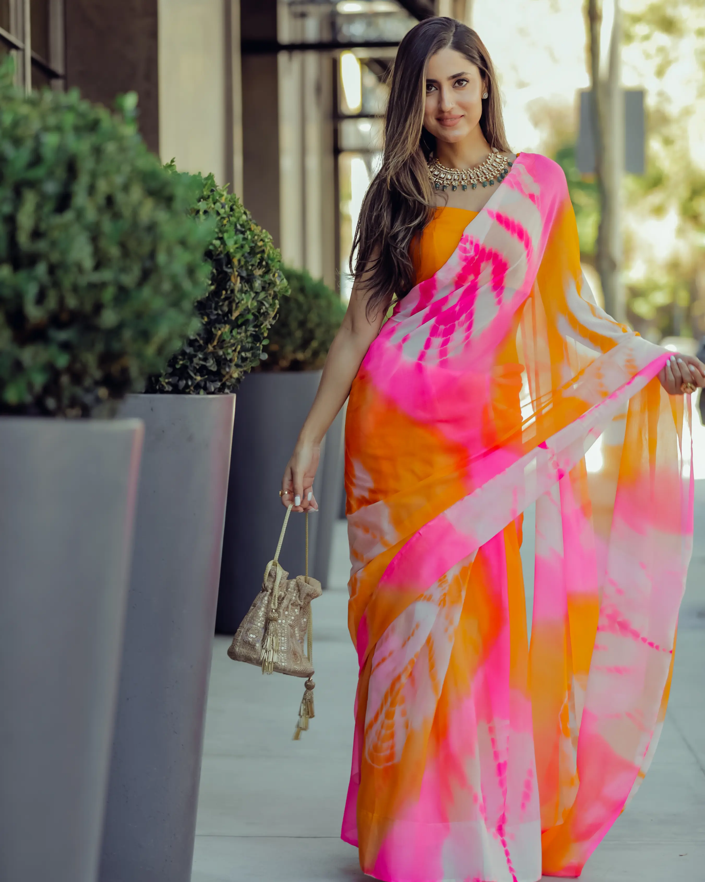 Pink Tulip Tie & Dye Pure Chiffon Saree My Store