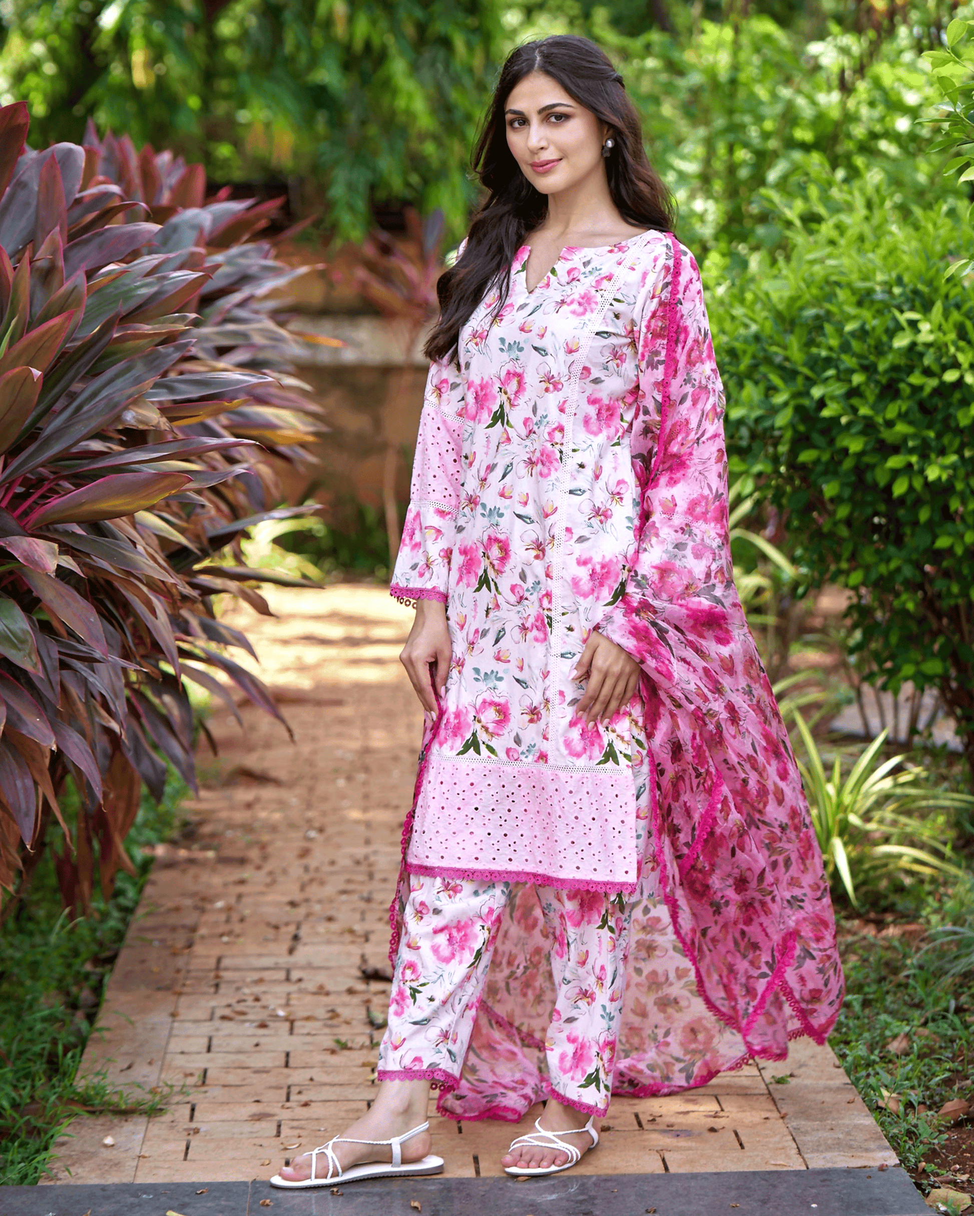 Plumeria Pink Printed Cotton Suit Set My Store