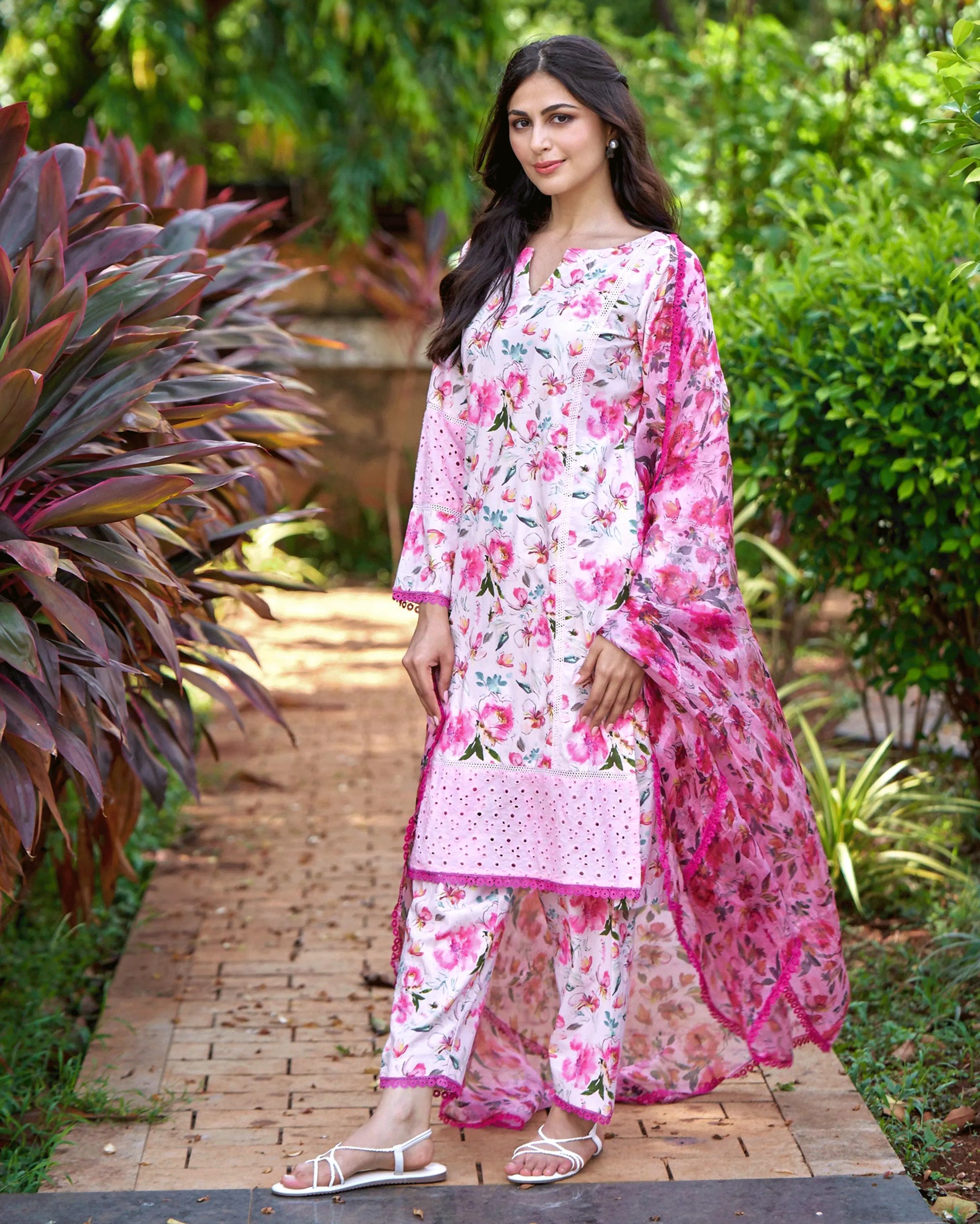 Plumeria Pink Printed Cotton Suit Set My Store