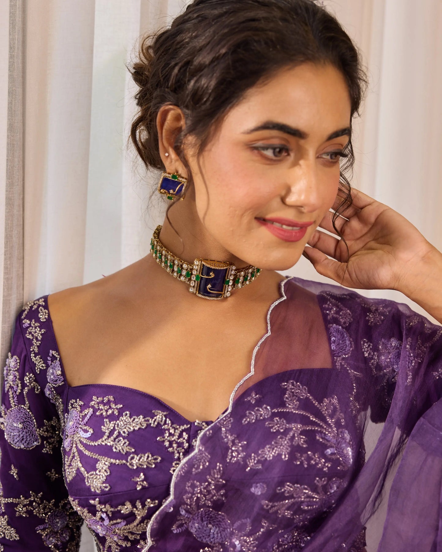 Violet Flutter Satin Embroidered Blouse My Store