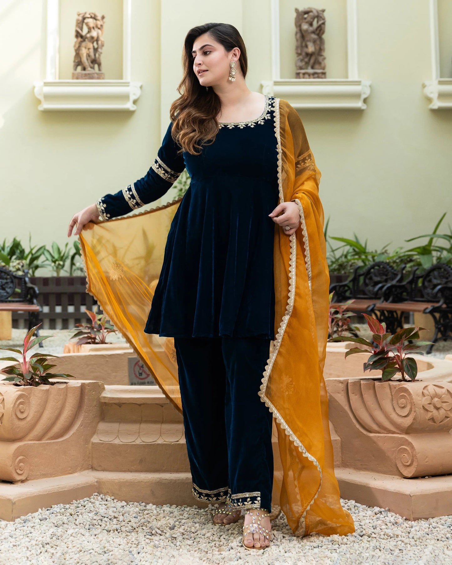 Khizani Teal Blue Embroidered Velvet Suit Set My Store