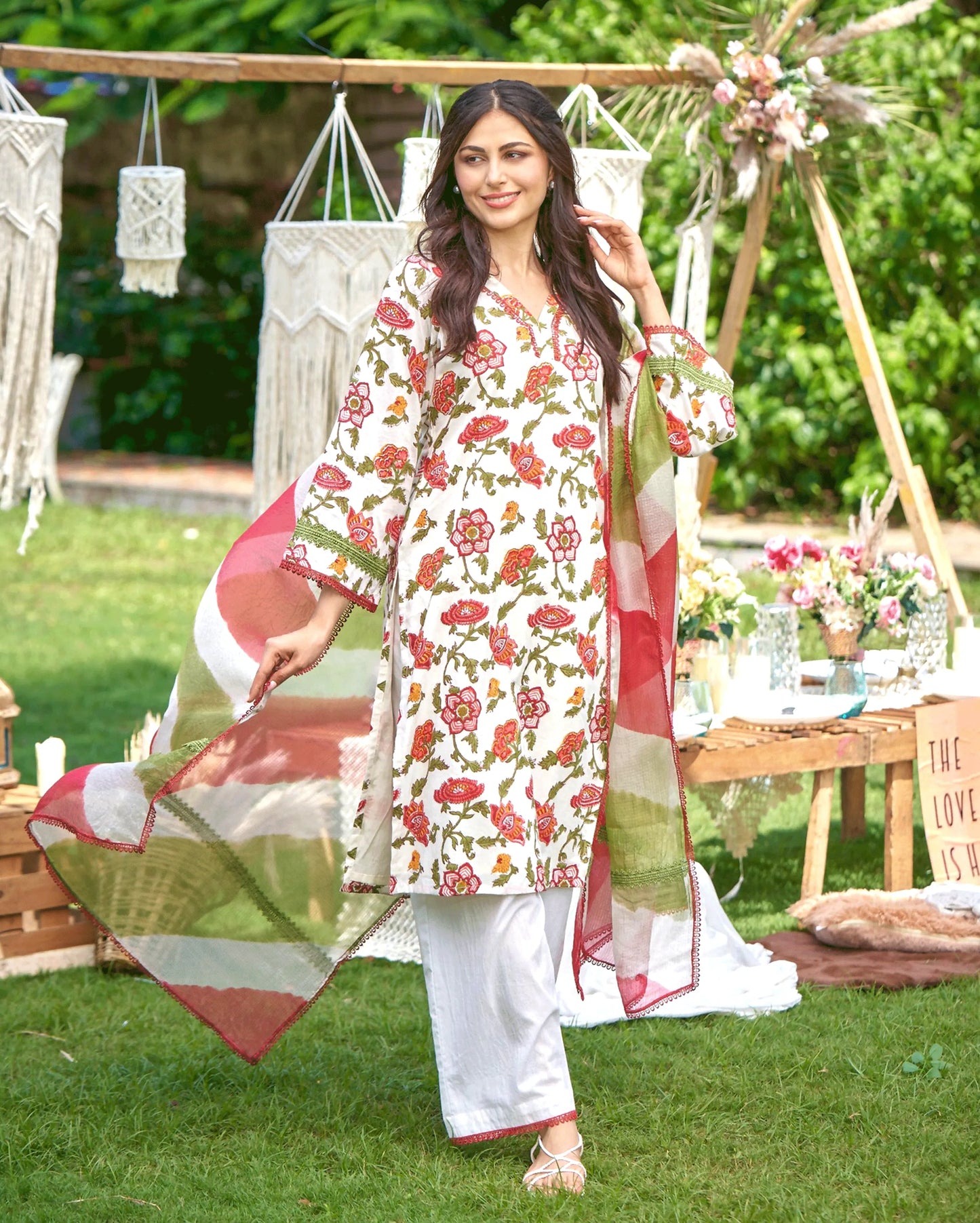 Sunrise Bloom Red Printed Cotton Suit Set My Store