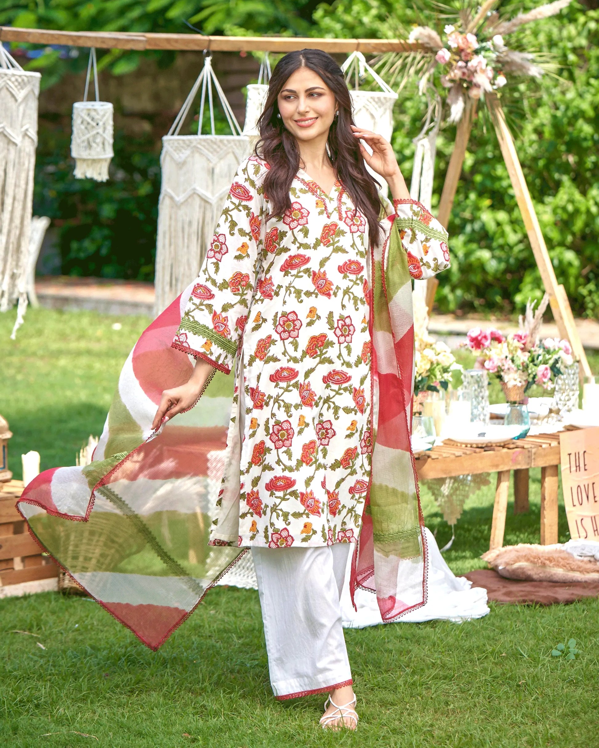 Sunrise Bloom Red Printed Cotton Suit Set My Store