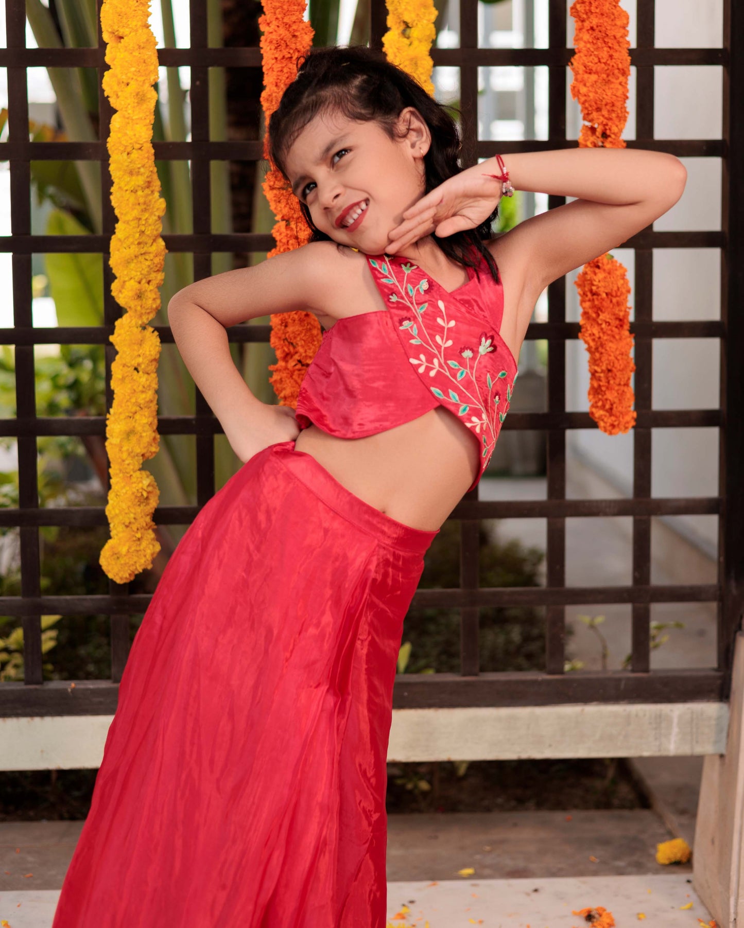 Blushing Bloom Red Silk Drape Skirt Coord Set My Store