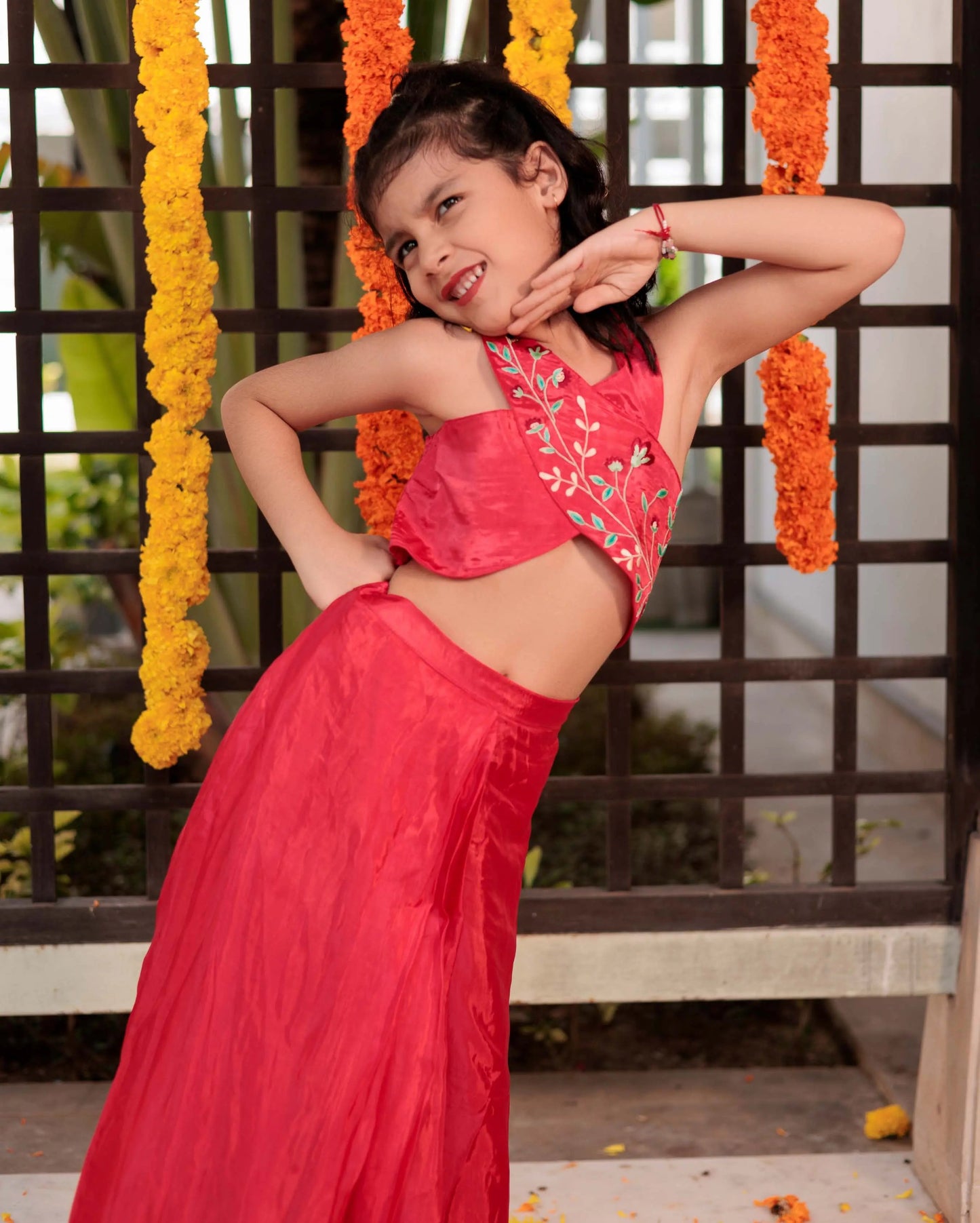 Blushing Bloom Red Silk Drape Skirt Coord Set My Store