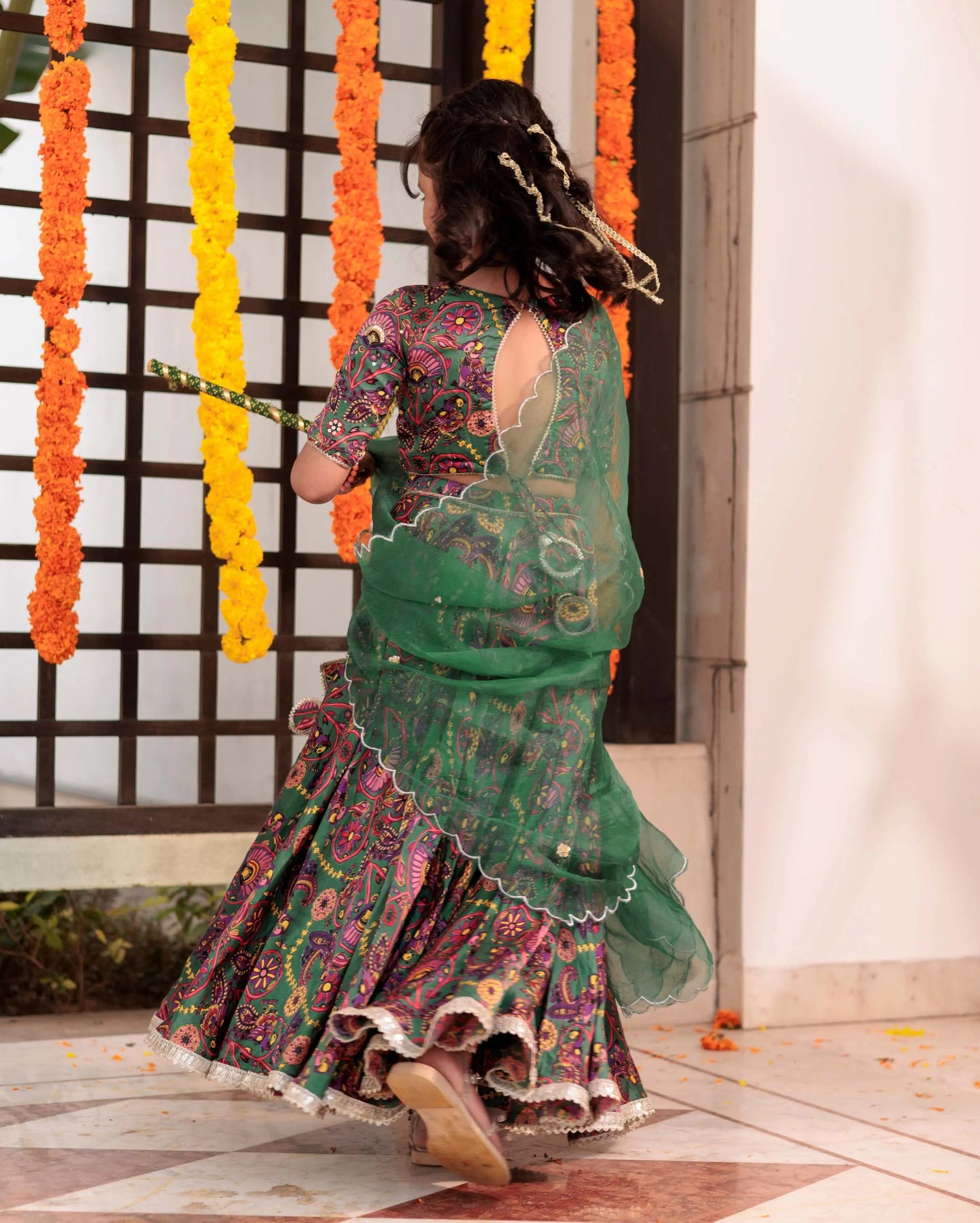 Starry Sprinkle Green Satin Lehenga Set My Store