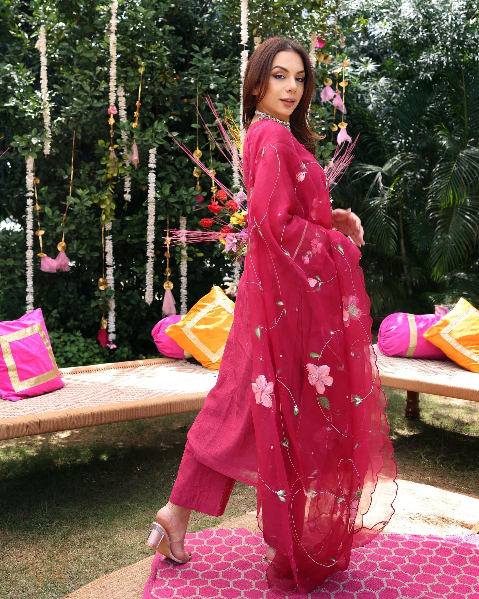 Berry Bliss Magenta Handpainted Chanderi Suit Set Quick Cart