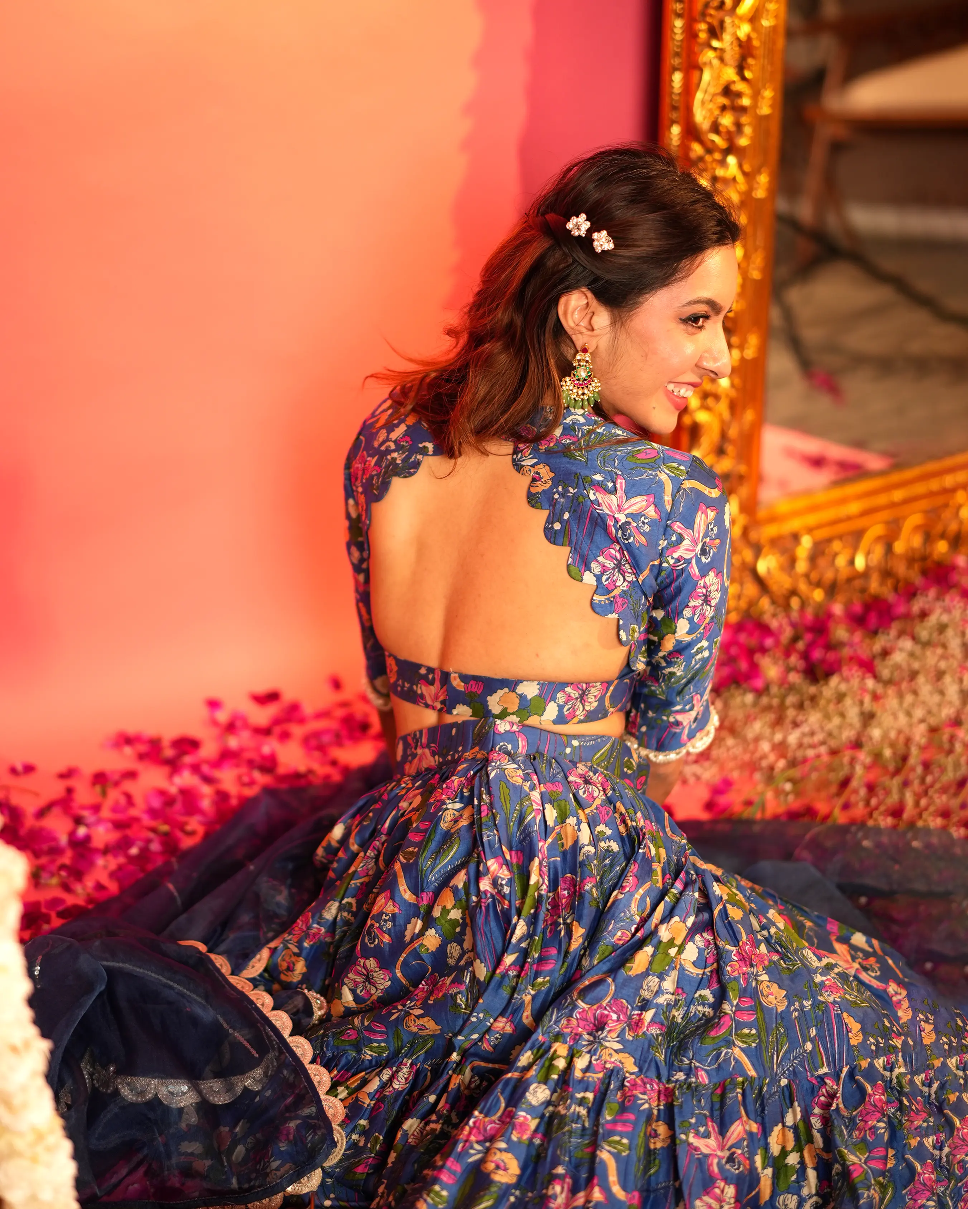 Neelam Blue Printed Chanderi Lehenga Set My Store