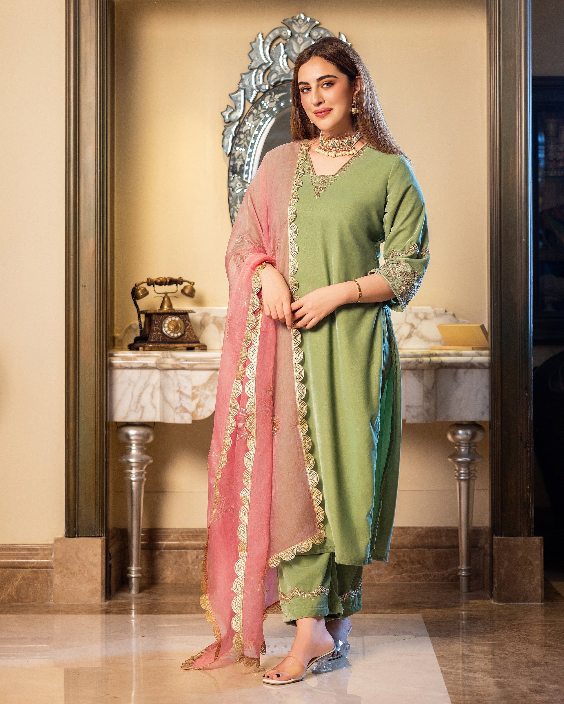 Taskin Sage Embroidered Velvet Suit Set My Store