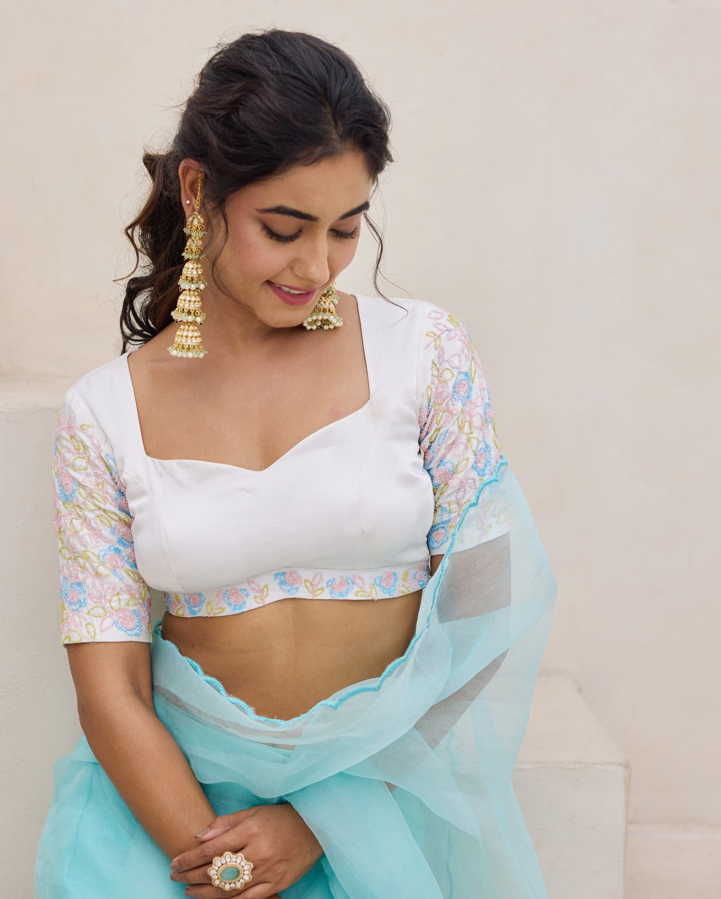 Meadow Whisper White Chanderi Embroidered Blouse My Store