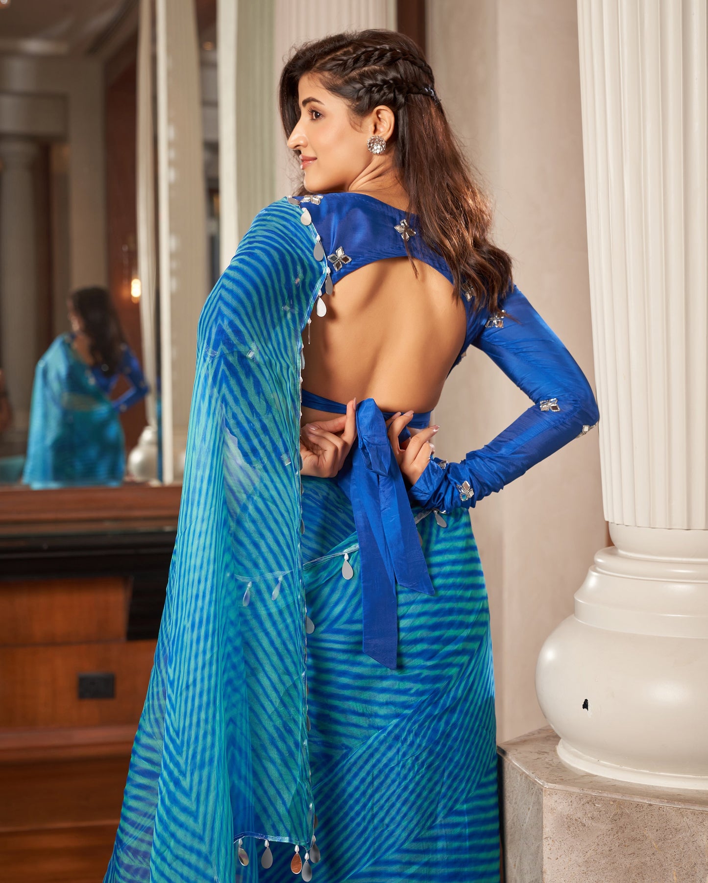 Neeru Blue Leheriya Organza Pre Draped Saree Quick Cart