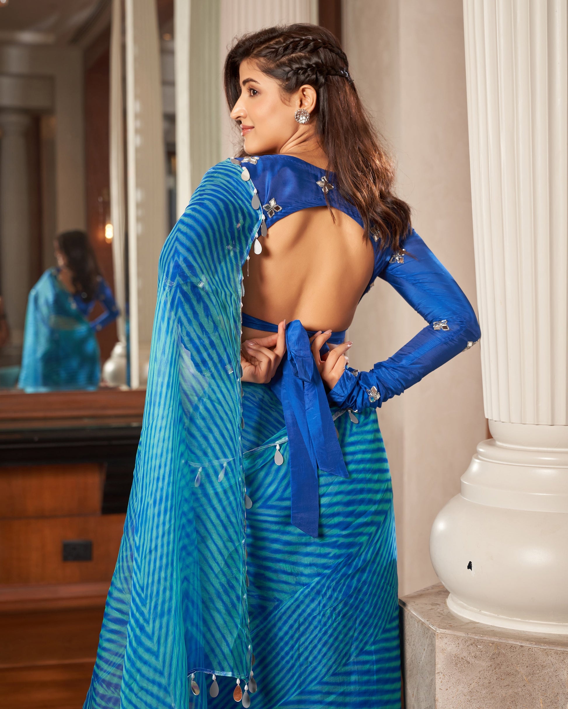 Neeru Blue Leheriya Organza Pre Draped Saree Quick Cart