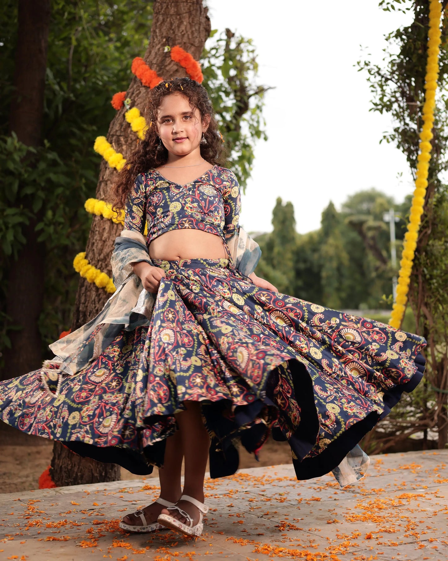 Taffy Blue Printed Embroidered Satin Lehenga Set My Store