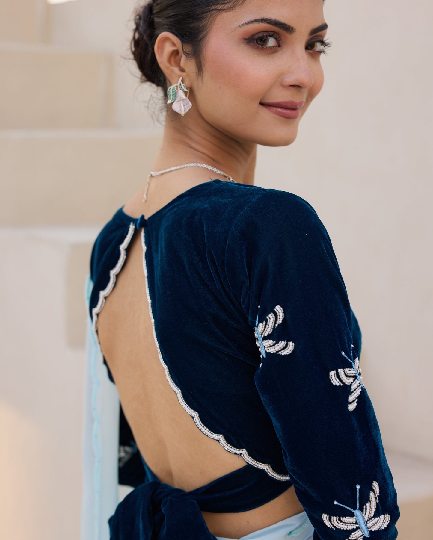 Butterfly Luxe Blue Velvet Embroidered Blouse My Store