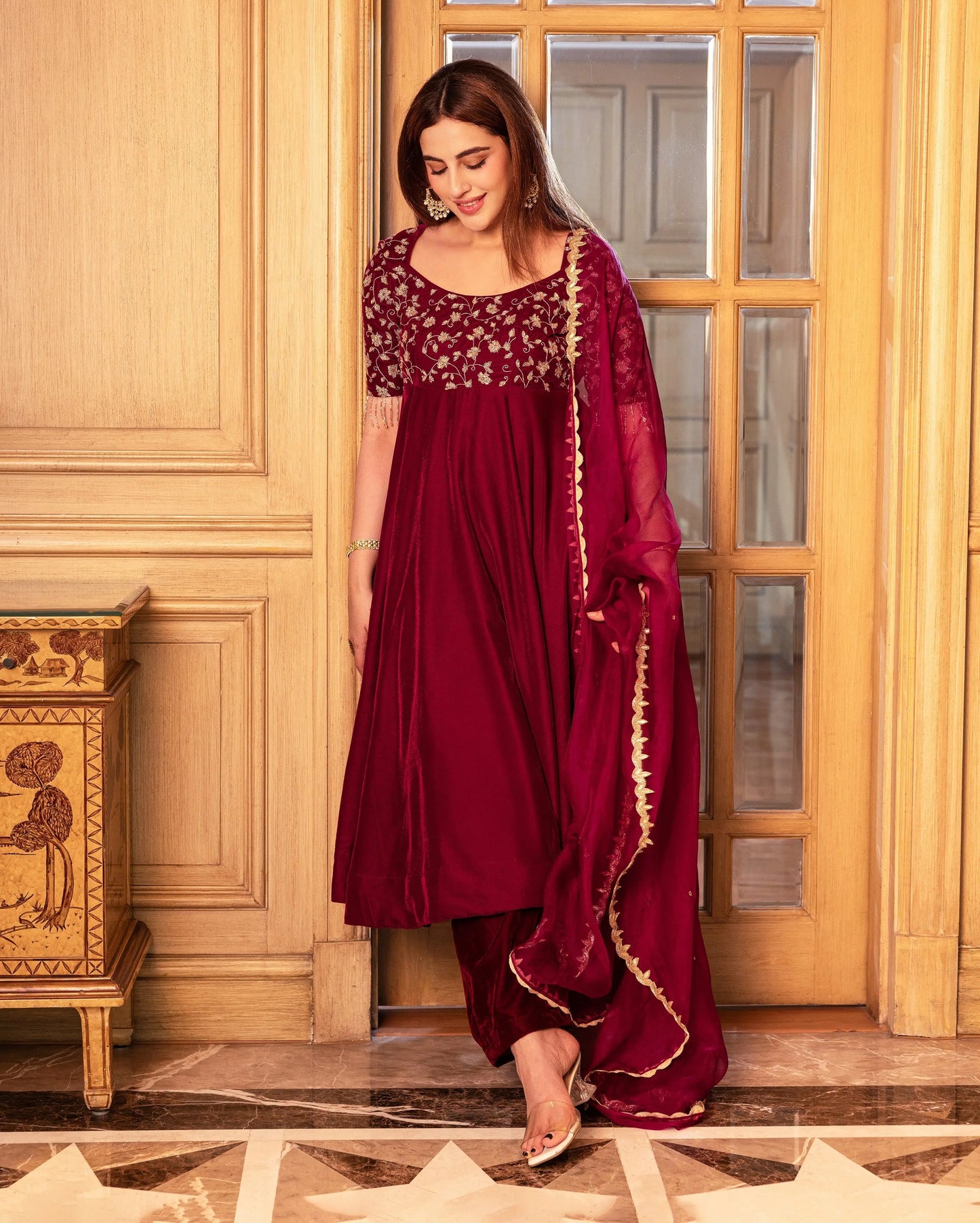 Nargi Wine Embroidered Velvet Suit Set My Store