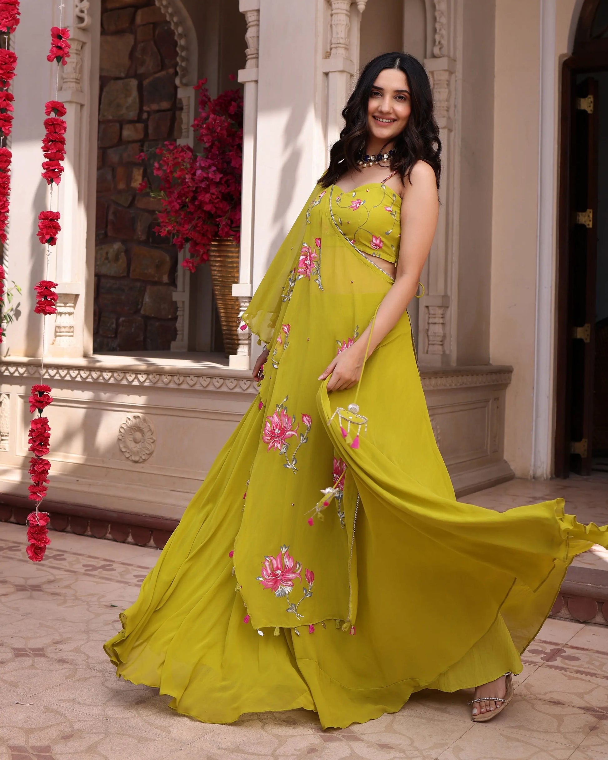 Cyber Lime Floral Handpainted Georgette Fusion Wear My Store