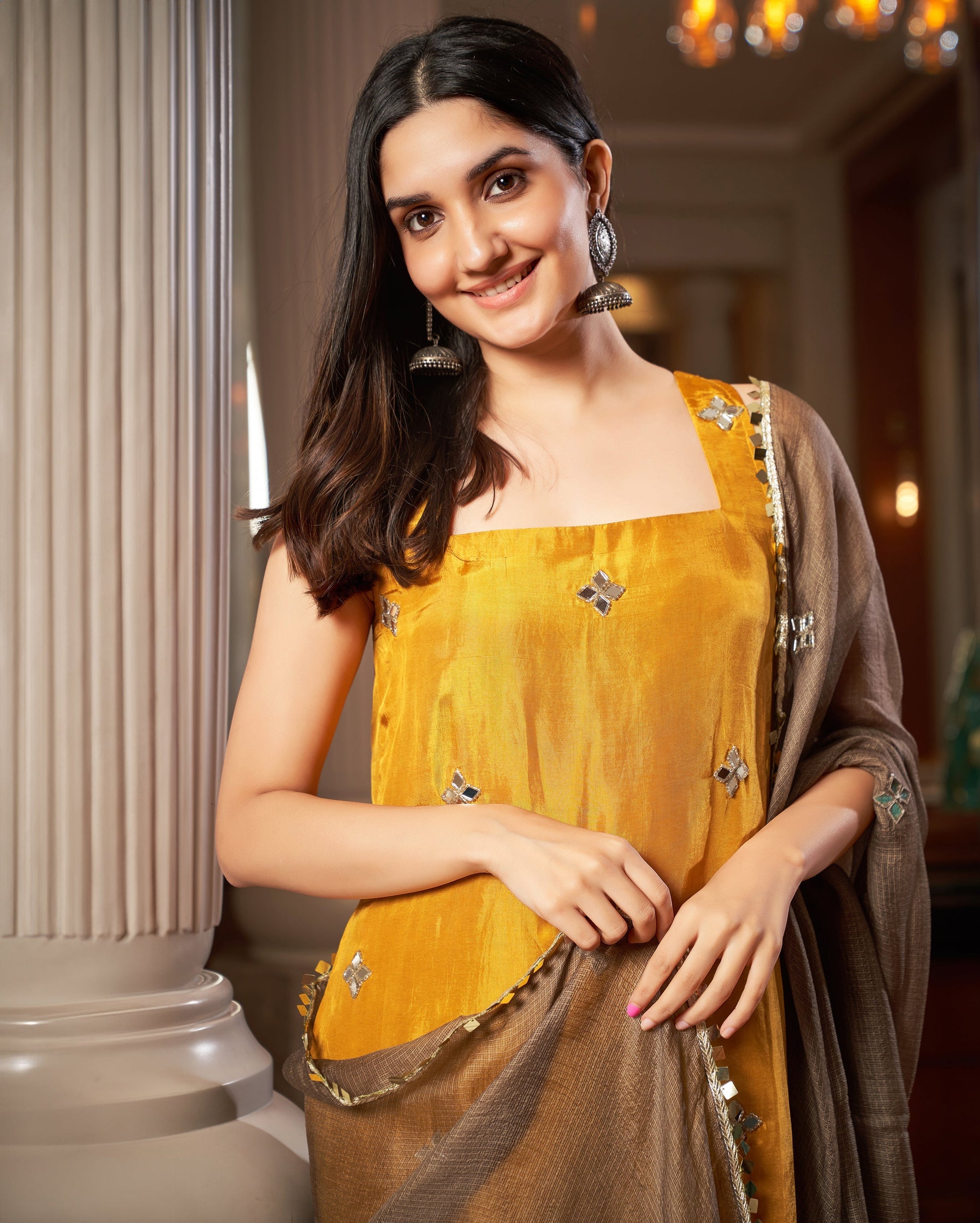Avni Yellow Grey Tie-Dye Chanderi Suit Set Quick Cart