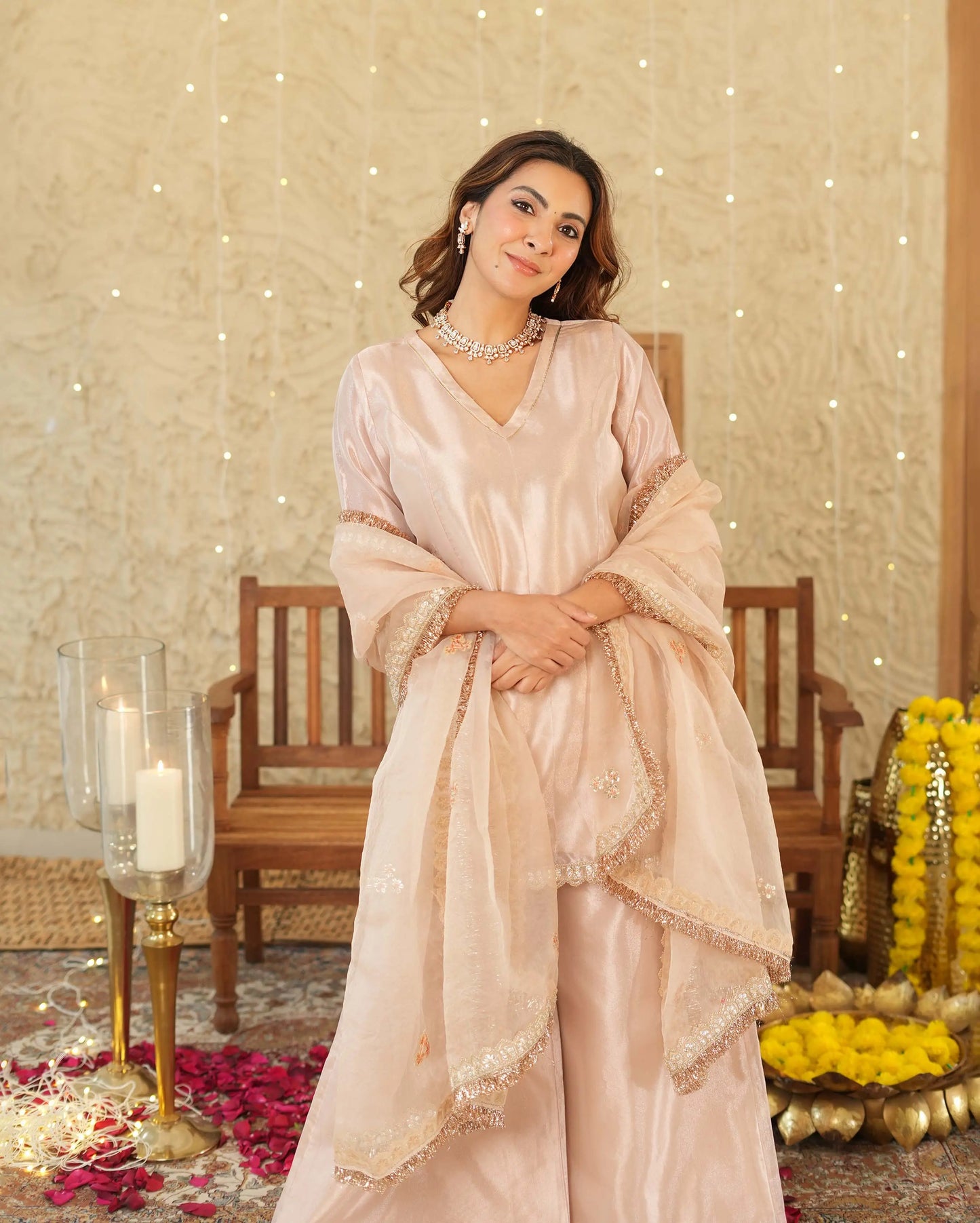 Pataka Beige Solid Tissue Suit Set My Store