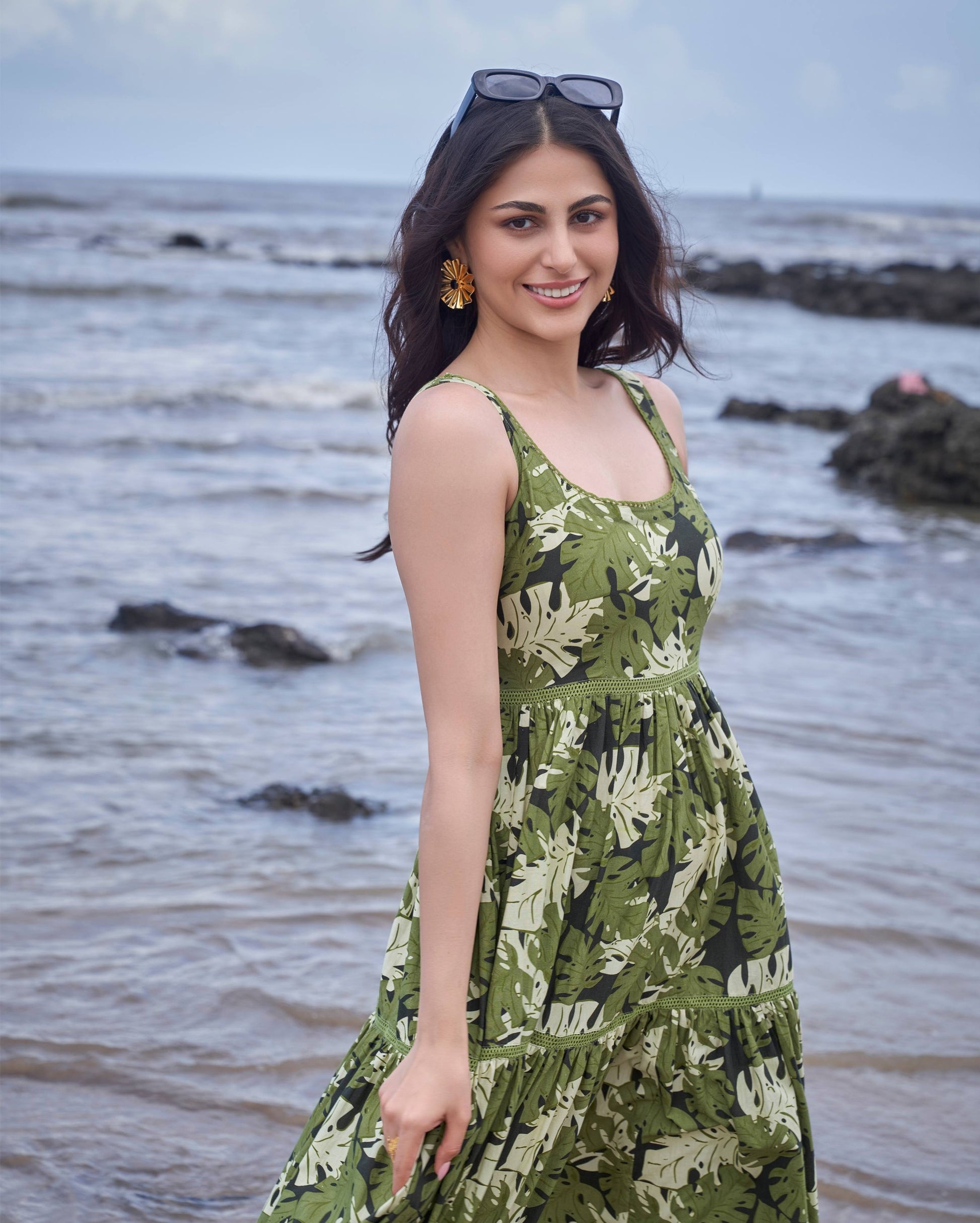 Tropical Dark Green Printed Cotton Dress Quick Cart