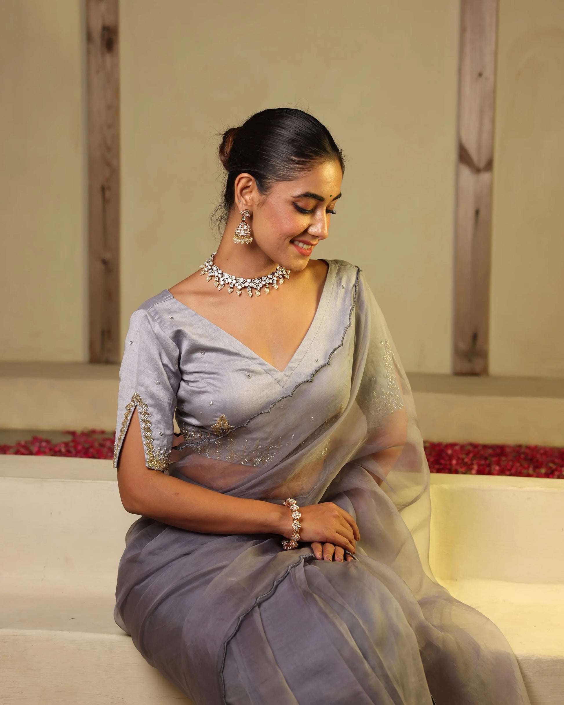 Chhavi Grey Chanderi Embroidered Blouse My Store