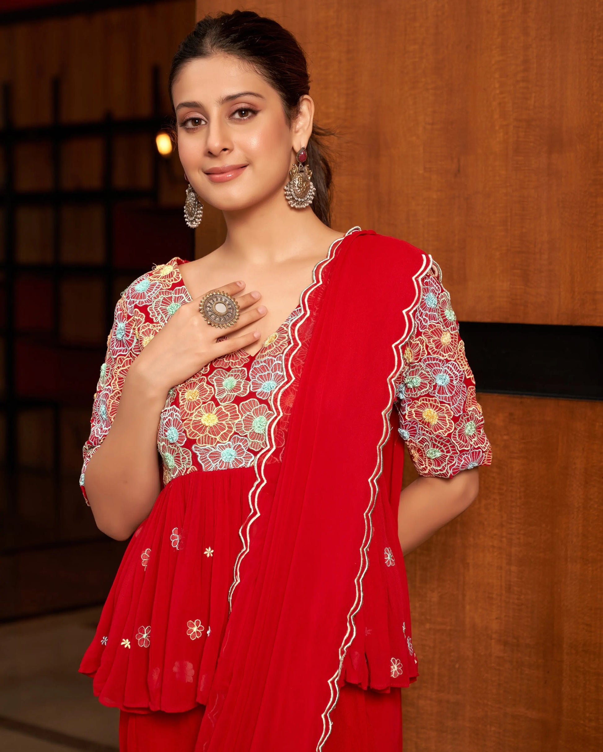 Phool Red Embroidered Georgette Pre Draped Saree My Store