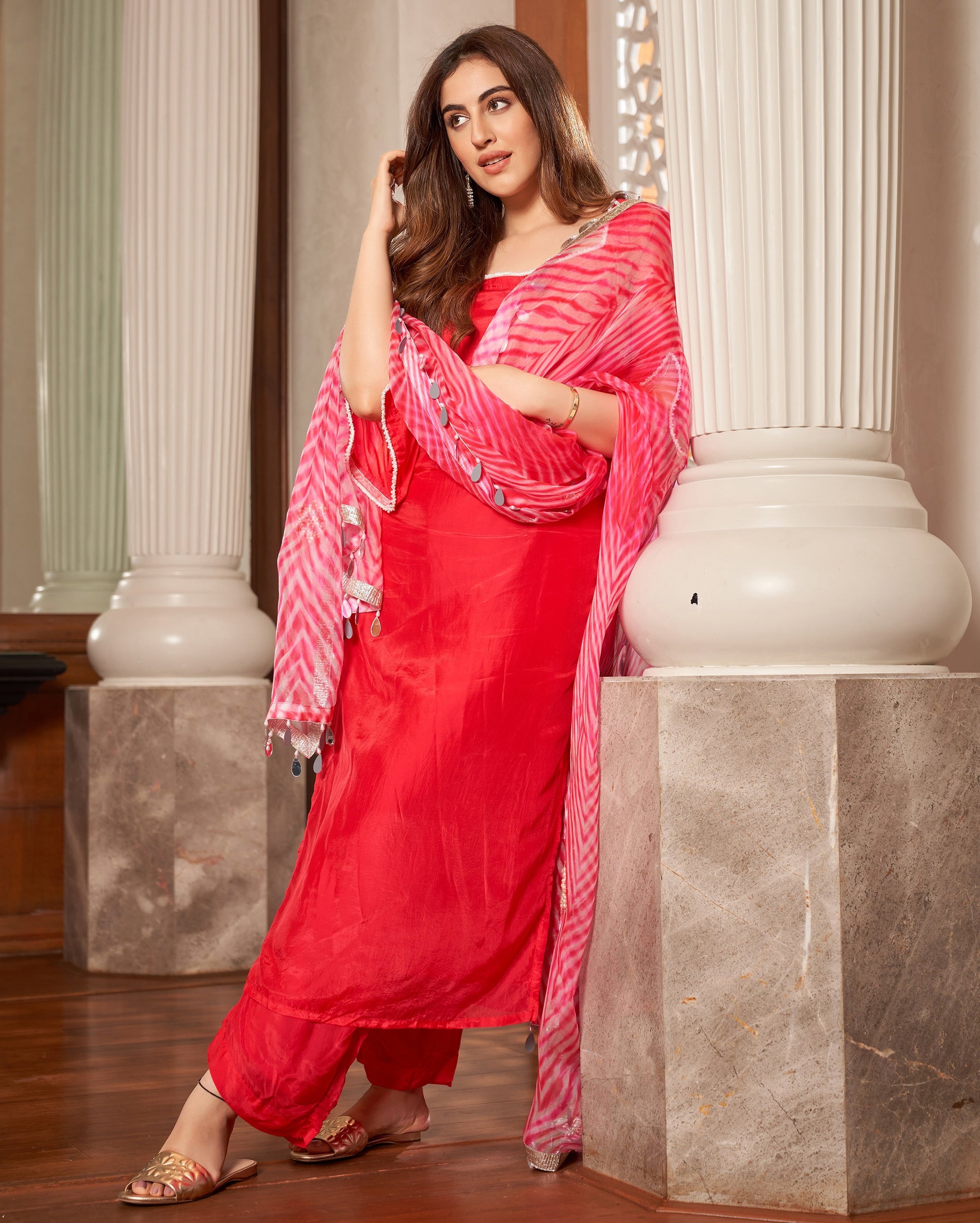 Krushi Pink Leheriya Silk Suit Set Quick Cart